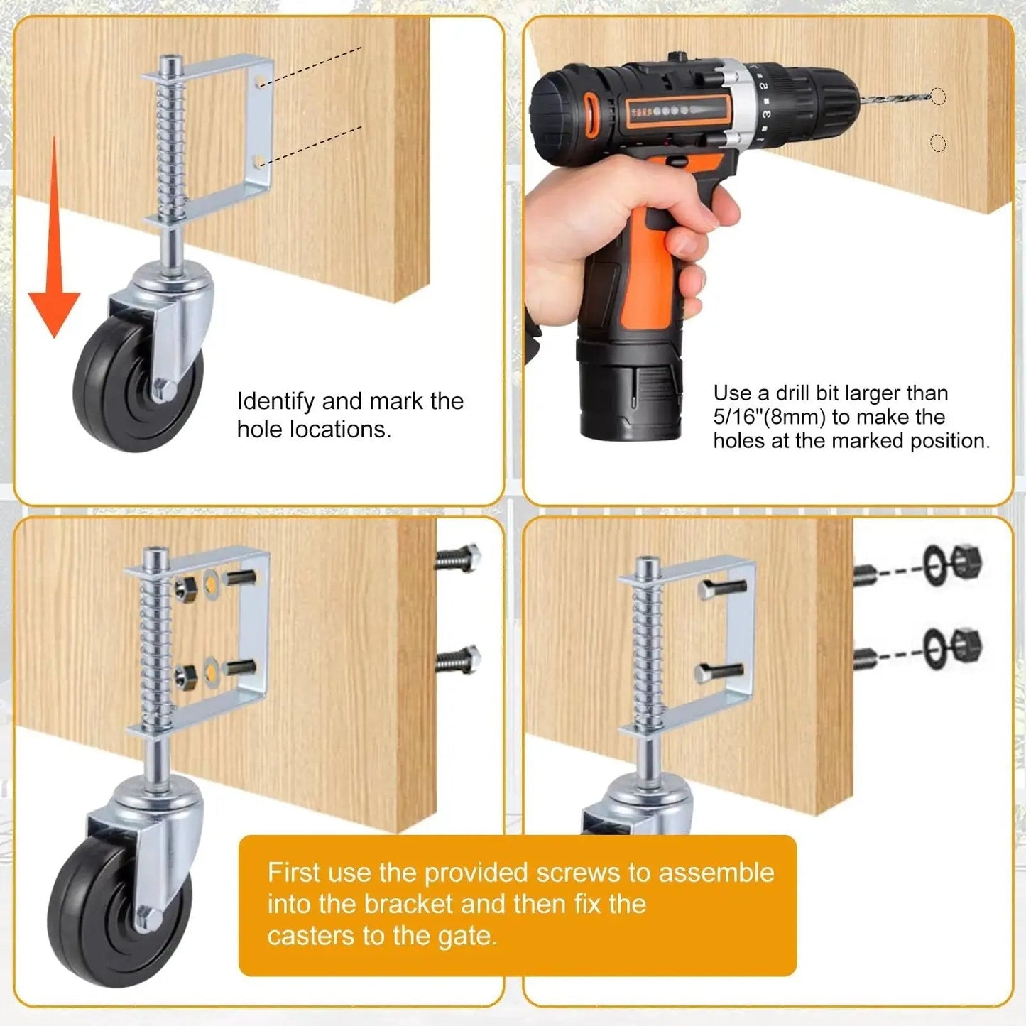 Gate Caster Wheel For 4 Inch And 5 Inch Heavy Duty Spring Loaded Gate Caster With Adjustable Bracket Universal Mount Plate Rubber Wheel 250 To 500 Lbs Load Capacity Suitable For Wooden Gates And Fences Two Pack Or Single Unit installation guide with drill and screws