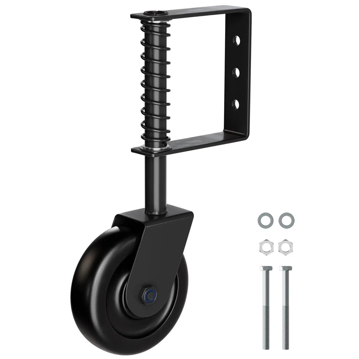 Spring Loaded Gate Caster Wheel With Bearing For Outdoor Gates And Fences Heavy Duty 360 Degree Swivel Gate Wheel Suitable For Wooden Gates Fence Gates And Metal Tube Gates 220 Lbs Capacity Black 1 Pack with bolts and nuts shown.