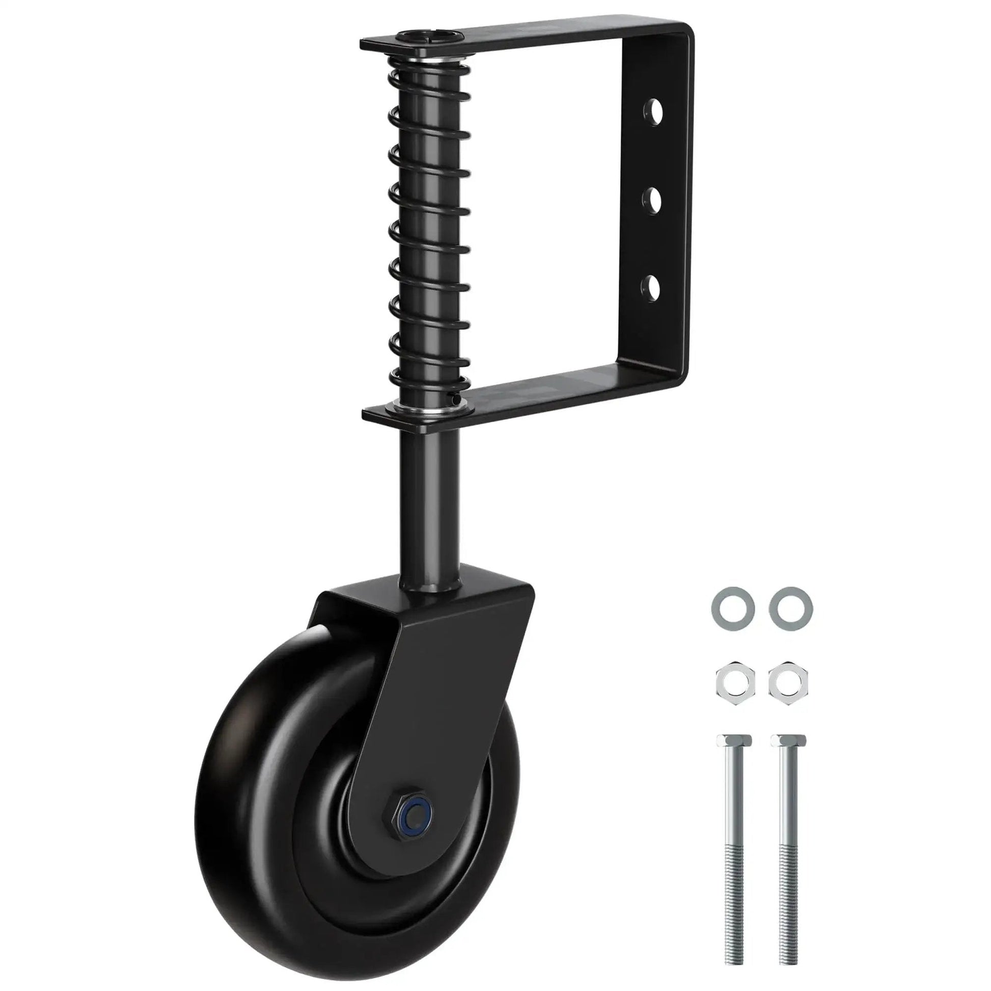 Spring Loaded Gate Caster Wheel With Bearing For Outdoor Gates And Fences Heavy Duty 360 Degree Swivel Gate Wheel Suitable For Wooden Gates Fence Gates And Metal Tube Gates 220 Lbs Capacity Black 1 Pack with bolts and nuts shown.
