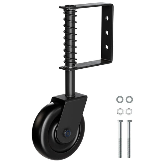 Spring Loaded Gate Caster Wheel With Bearing For Outdoor Gates And Fences Heavy Duty 360 Degree Swivel Gate Wheel Suitable For Wooden Gates Fence Gates And Metal Tube Gates 220 Lbs Capacity Black 1 Pack with bolts and nuts shown.