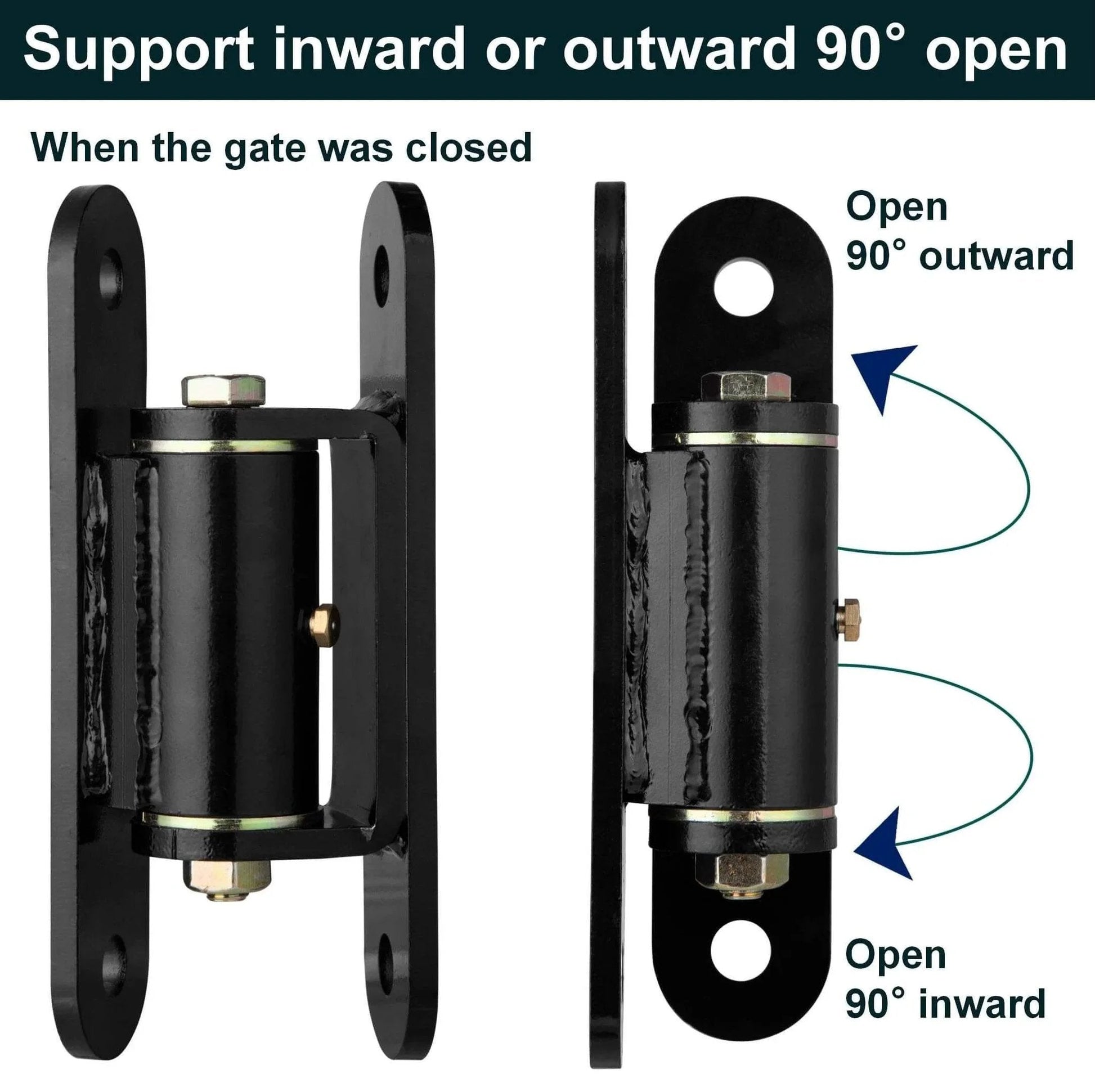 Heavy Duty Gate Hinges ，7in Can Be Bolted or Welded On Heavy Duty Large Wood or Metal Gates, 1100 lbs Max Load,Built-in Roller Bearing Hinges Opened 90° Inward or Outward,2pack, showing open and closed positions