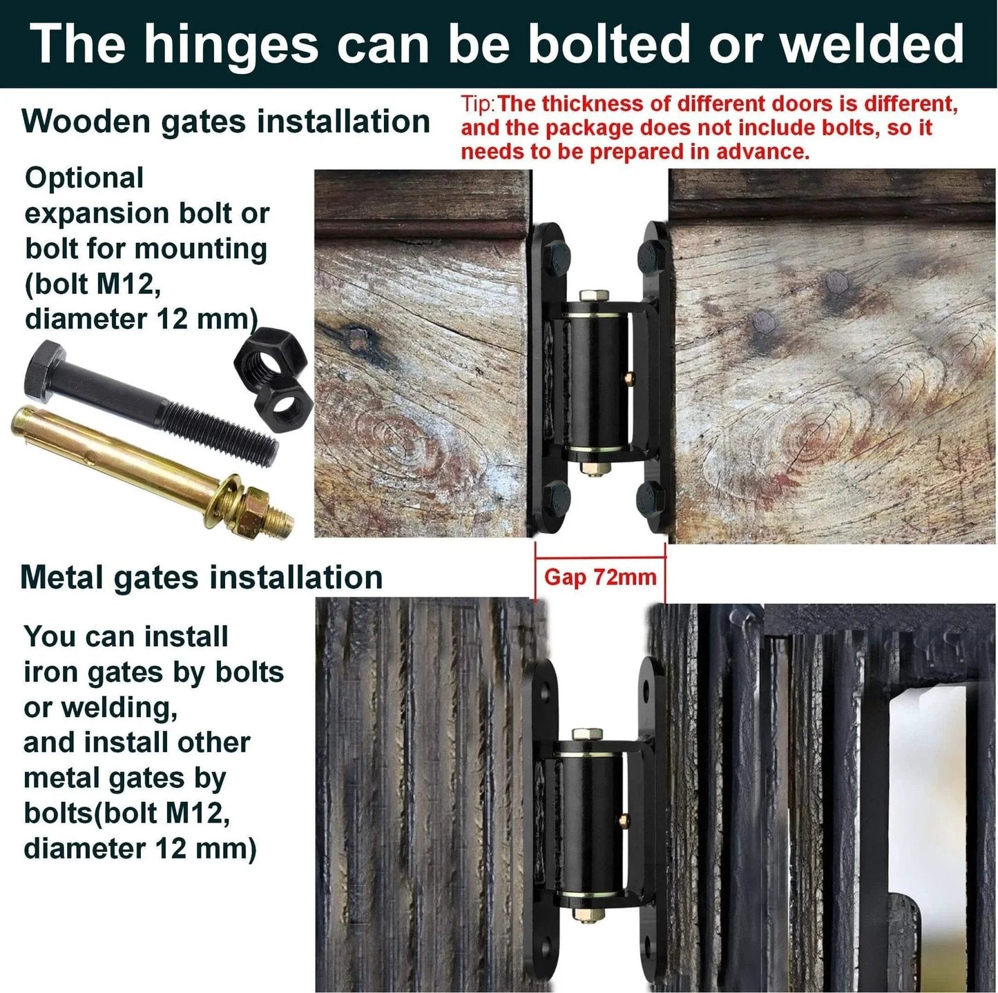Heavy Duty Gate Hinges ，7in Can Be Bolted or Welded On Heavy Duty Large Wood or Metal Gates, 1100 lbs Max Load