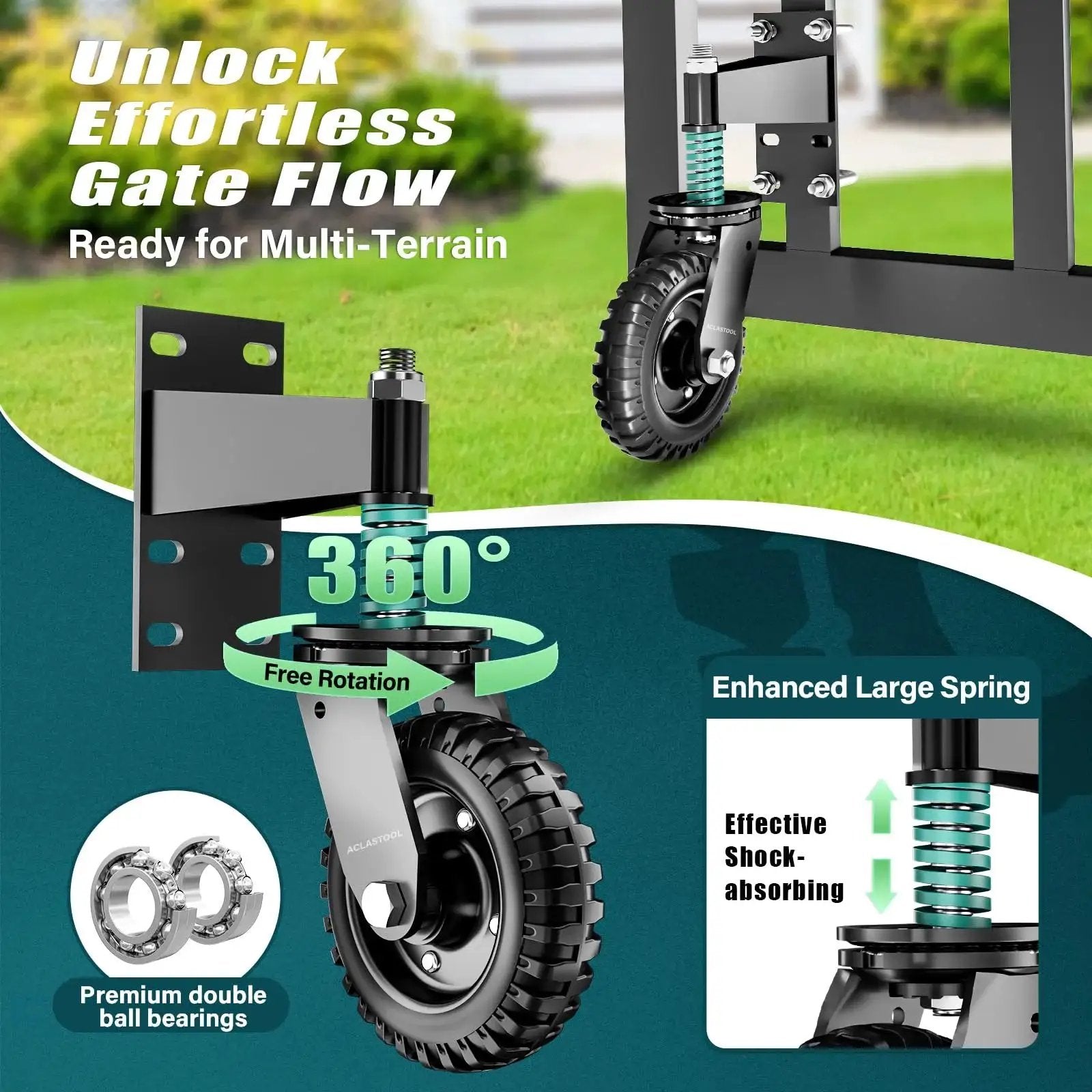 Heavy Duty Gate Wheel With 6 Inch Wheel Diameter, Spring Loaded Caster For Metal Tube And Large Wooden Gates, 550 Lb Capacity, Black, 1 Pack