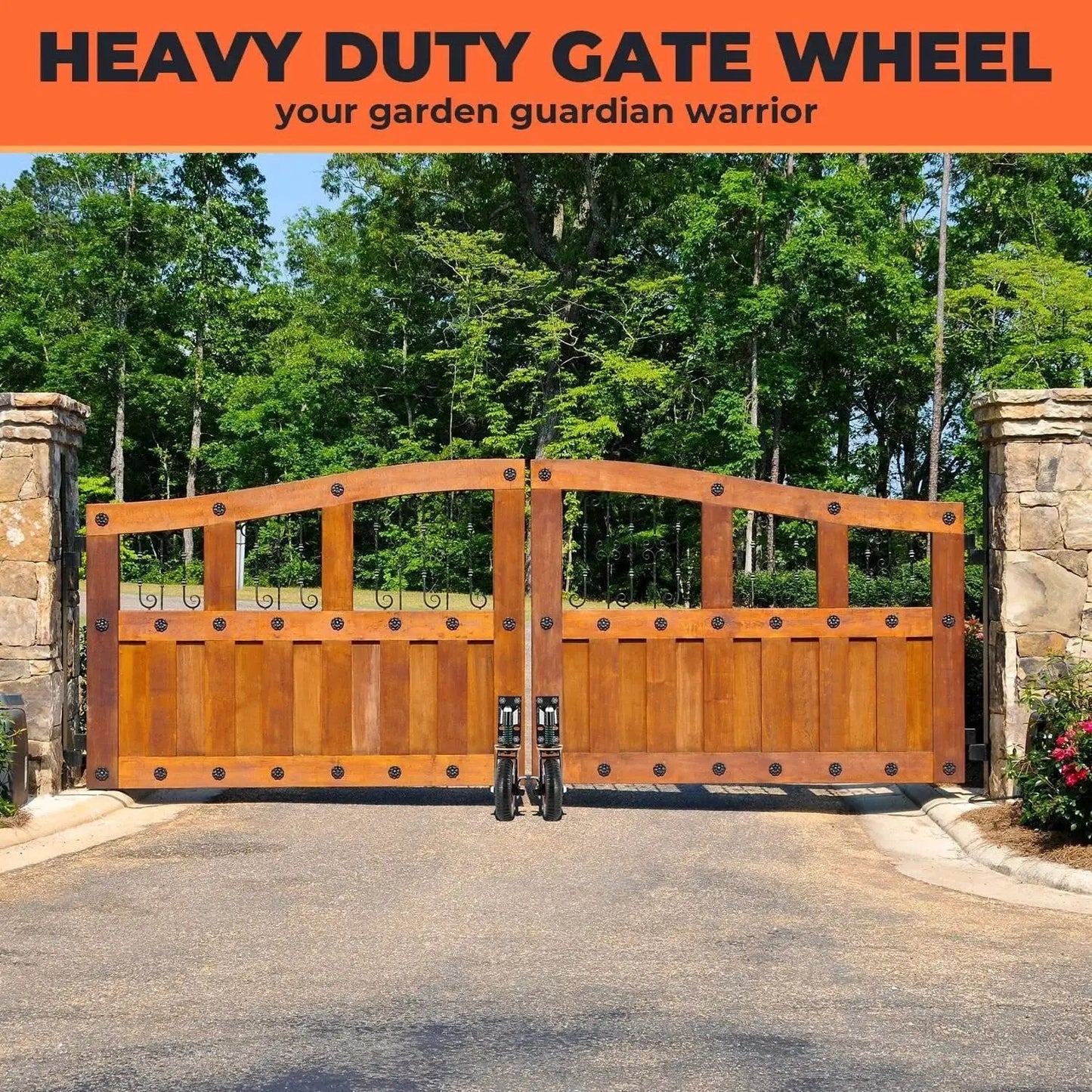 Wooden gates with installed 8 Inch Gate Wheel With Brake And 360 Degree Swivel Spring Loaded For 4 Inch Height Variation Compensation