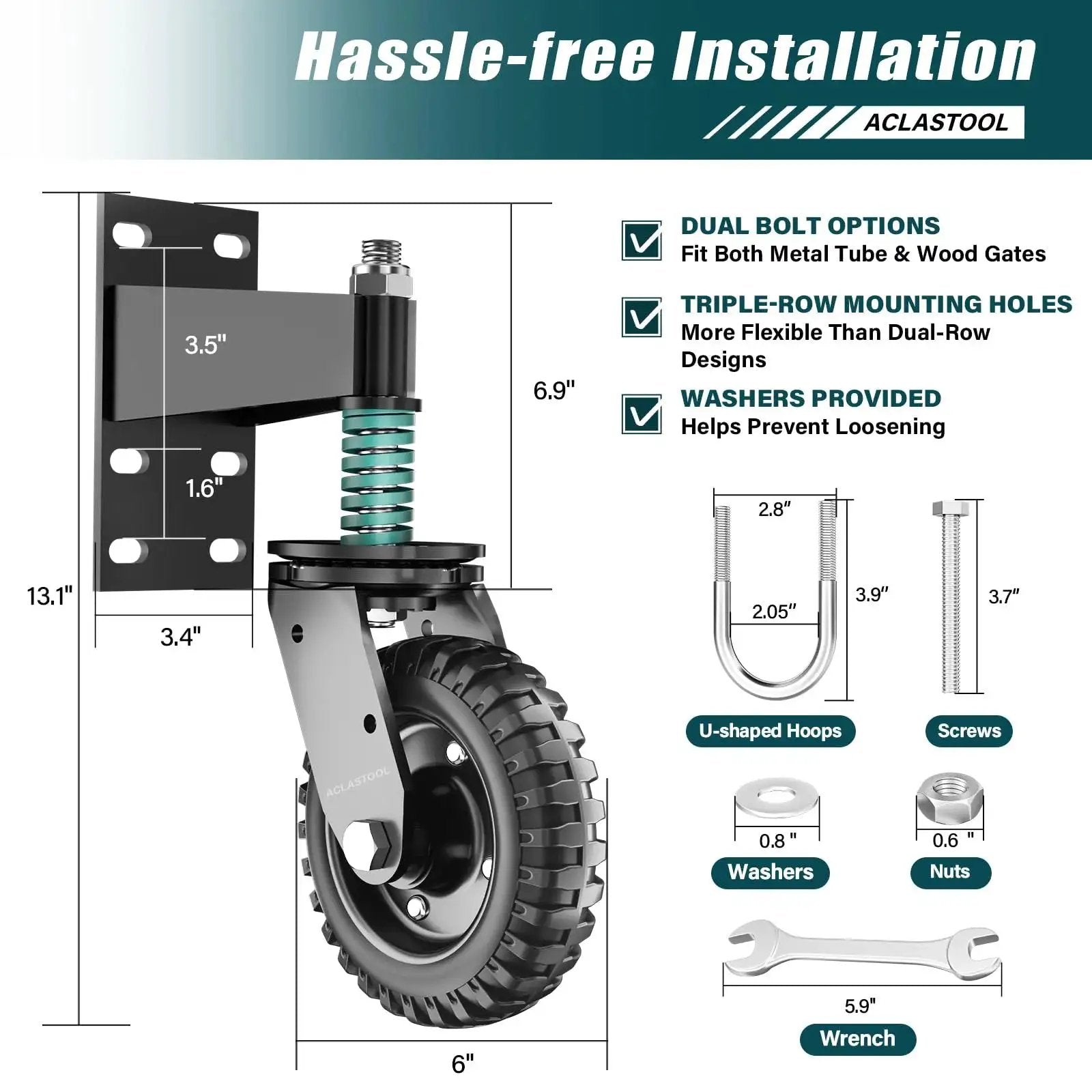 Heavy Duty Gate Wheel With 6 Inch Wheel Diameter, Spring Loaded Caster For Metal Tube And Large Wooden Gates, 550 Lb Capacity