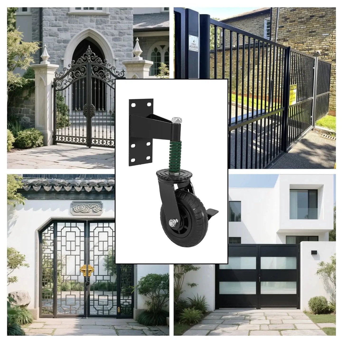 Two-Piece 6-Inch Heavy Duty Gate Wheels With Spring Loaded Caster Kit shown with various gate styles