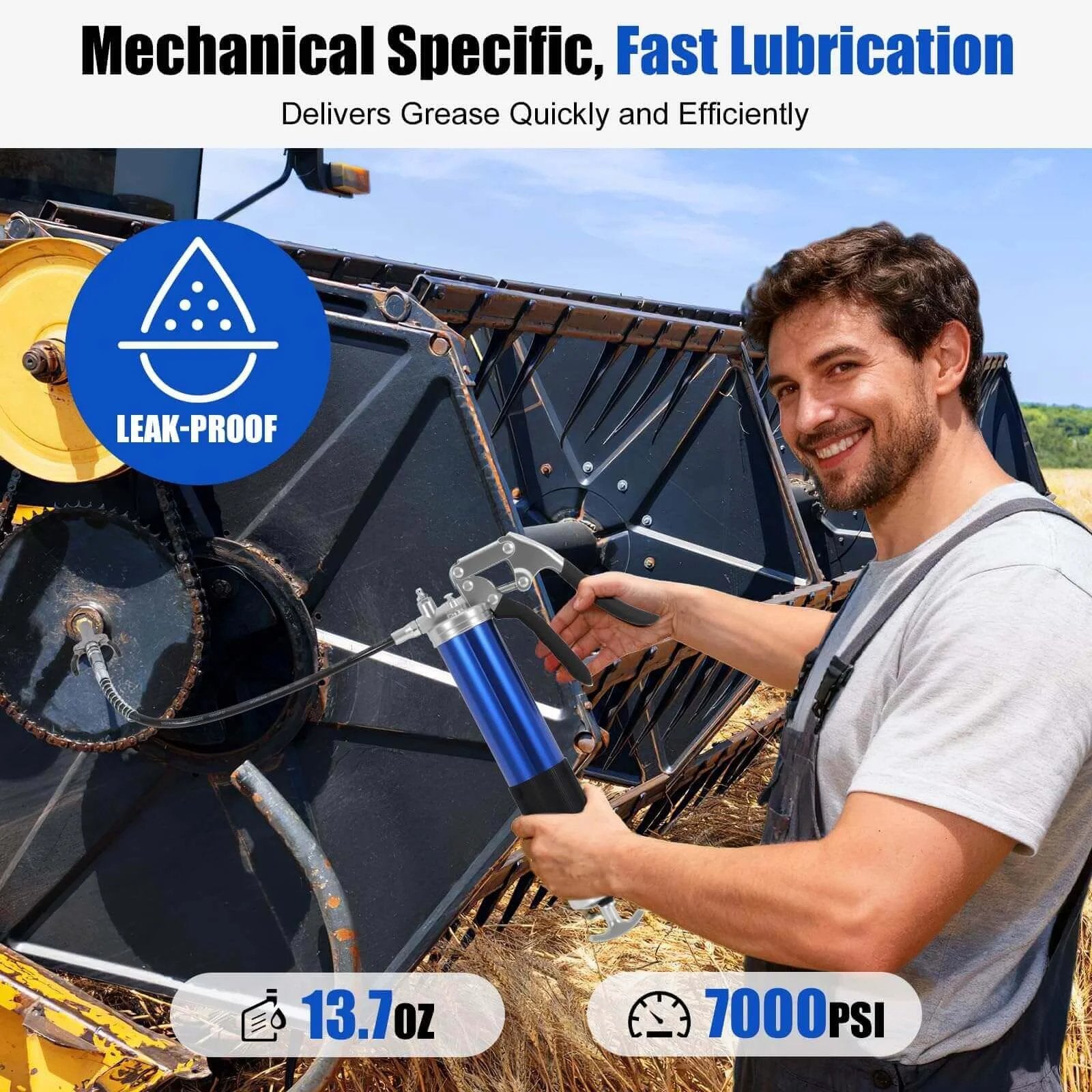 Man using Heavy Duty Grease Gun Kit, 8000 PSI Pistol Grip Grease Gun, 14 oz Capacity on agricultural machine with hoses and couplers