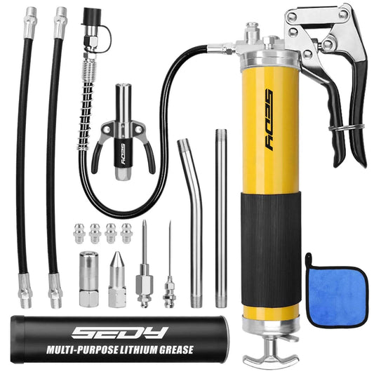 17-Piece Heavy Duty Grease Gun Kit with 14oz grease tube, flexible hose, connectors, adapters, and pistol grip nozzle.