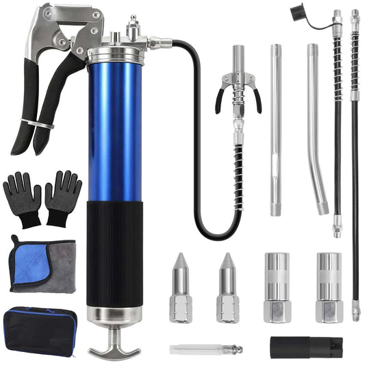 Heavy Duty Grease Gun Kit, 8000 PSI Pistol Grip Grease Gun, 14 oz Capacity with case, 11&18 Inch Resin Flex Hose, accessories shown.