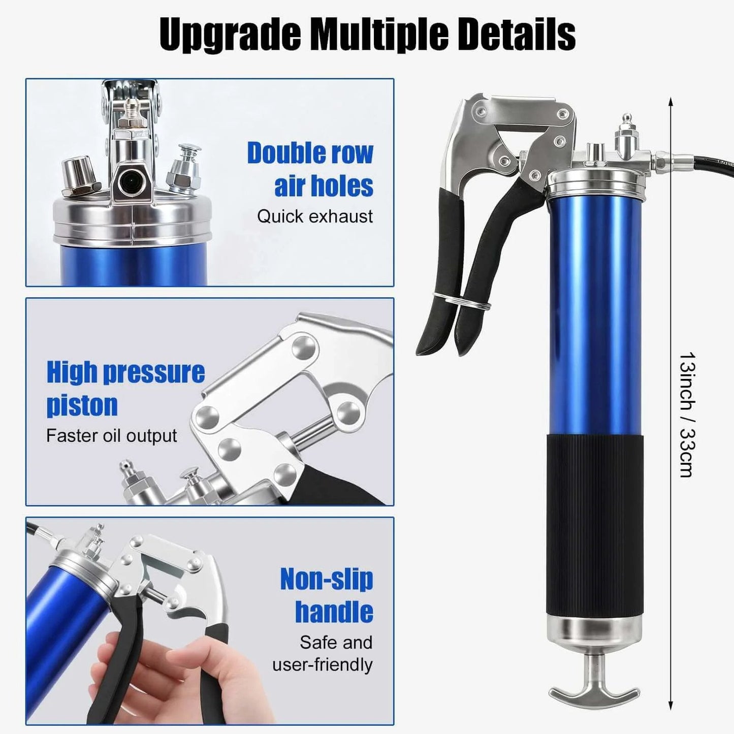 Features of Heavy Duty Grease Gun Kit, 8000 PSI Pistol Grip Grease Gun, highlighting high pressure piston and non-slip handle