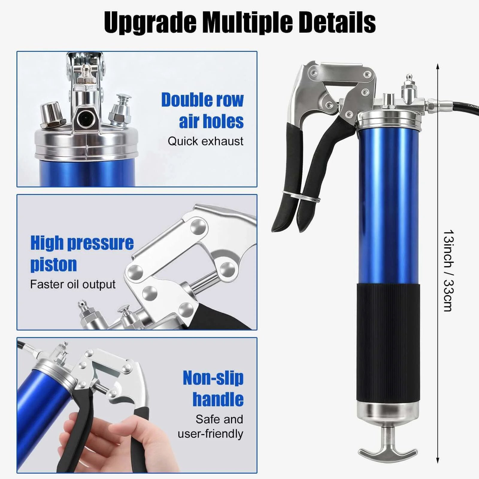 Features of Heavy Duty Grease Gun Kit, 8000 PSI Pistol Grip Grease Gun, highlighting high pressure piston and non-slip handle