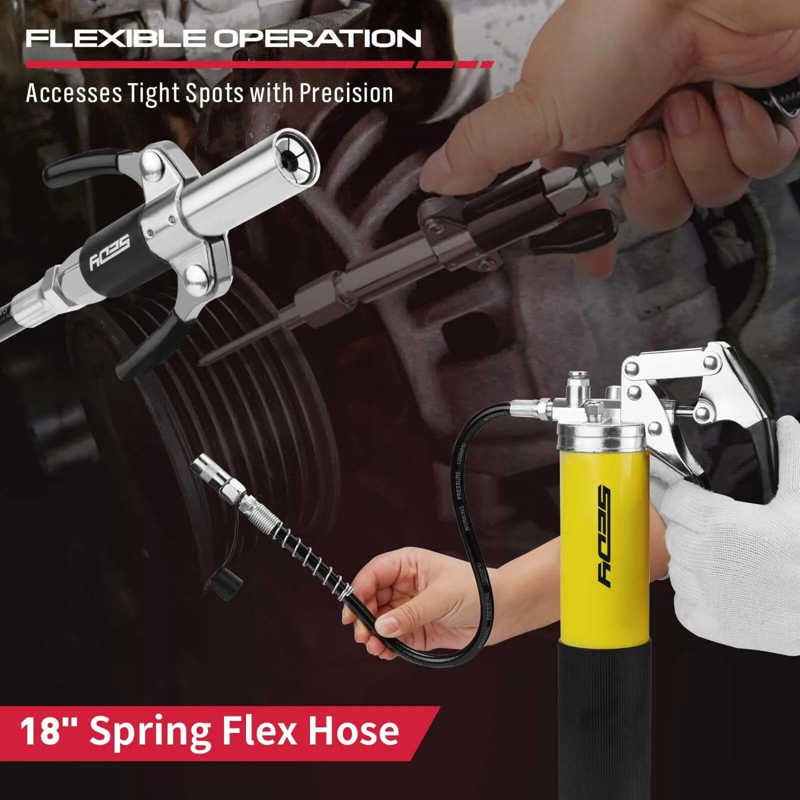 18-inch spring flex hose from 17-Piece Heavy Duty Grease Gun Kit: 14oz Grease Tube Flexible Hose Bearing Grease Pump 8000 PSI Pistol Grip Grease Guns Tool Marine Durable Connectors Adapters Extension Tubes Nozzle Easy Operation
