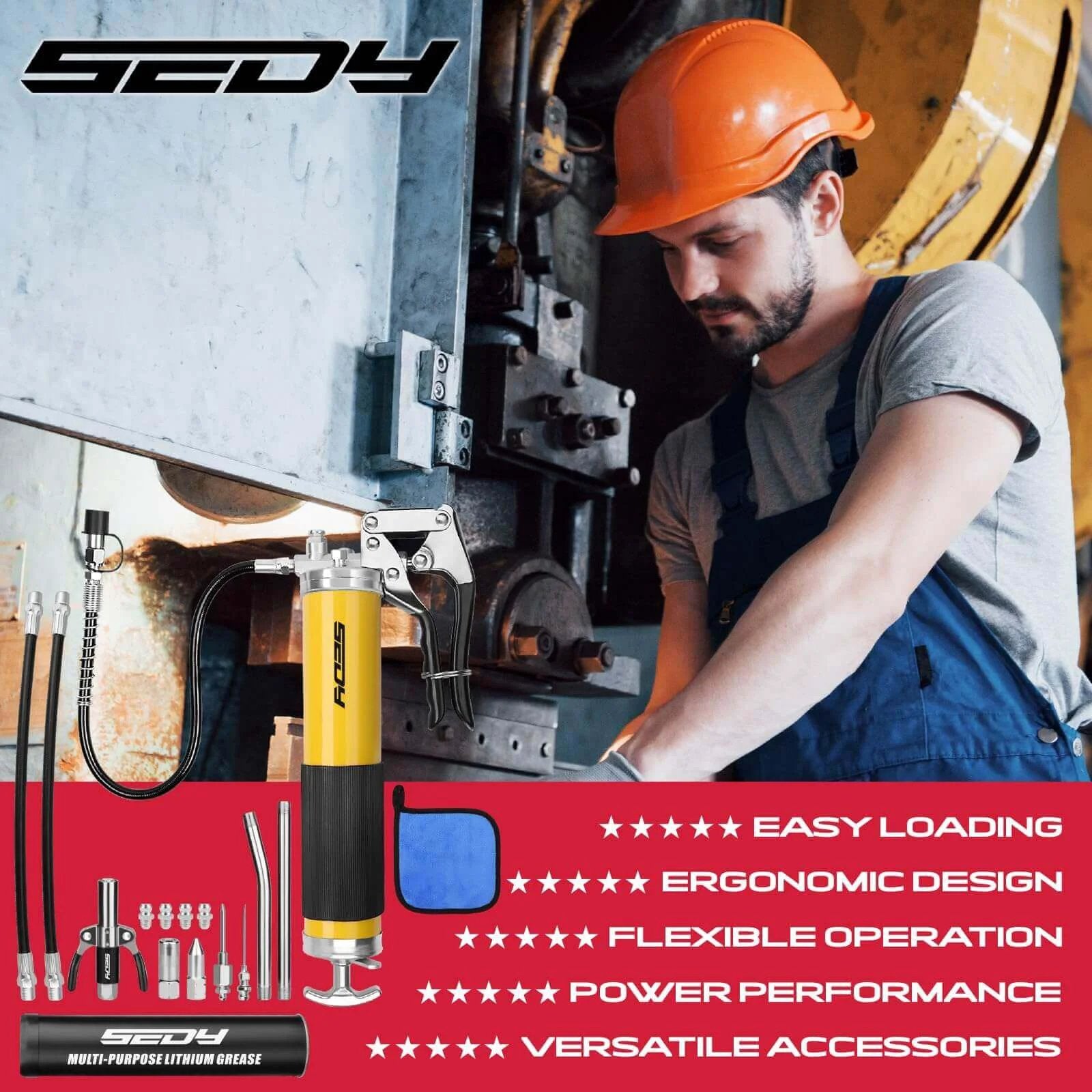 Technician using 17-Piece Heavy Duty Grease Gun Kit: 14oz Grease Tube Flexible Hose Bearing Grease Pump 8000 PSI Pistol Grip