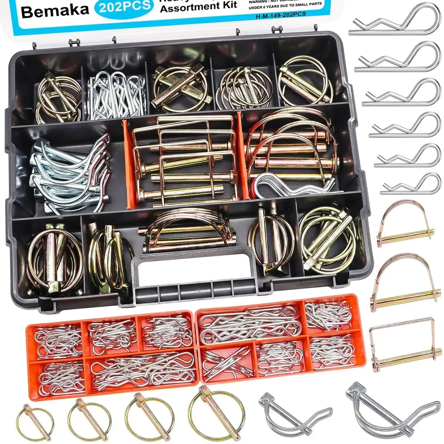 Heavy Duty Hitch Pin Kit 202 Pcs With Clip Pins R Clips Linch Pins PTO Pins in storage case