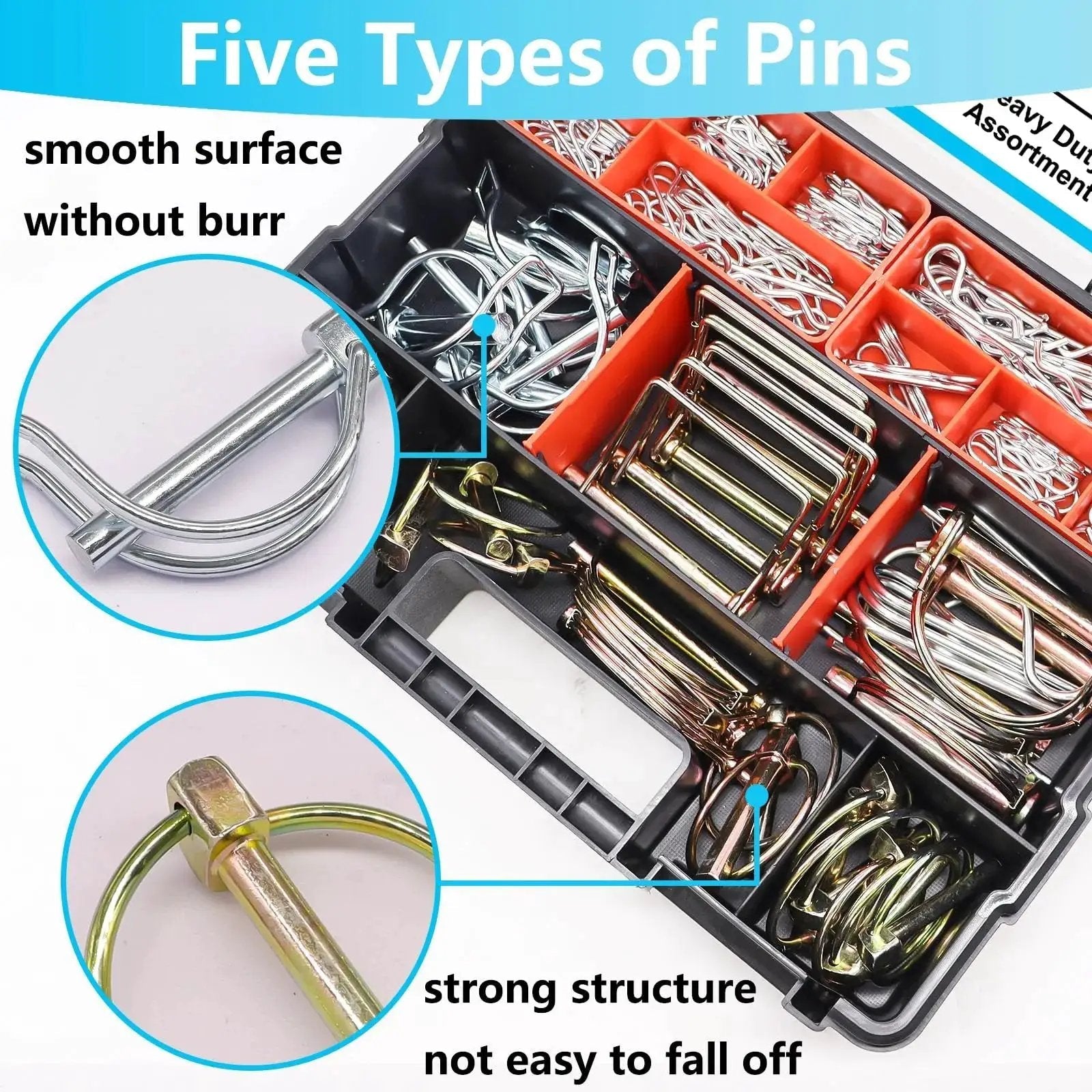 Heavy Duty Hitch Pin Kit 202 Pcs With Clip Pins R Clips Linch Pins PTO Pins For Trailer Truck Towing, organized in storage case.