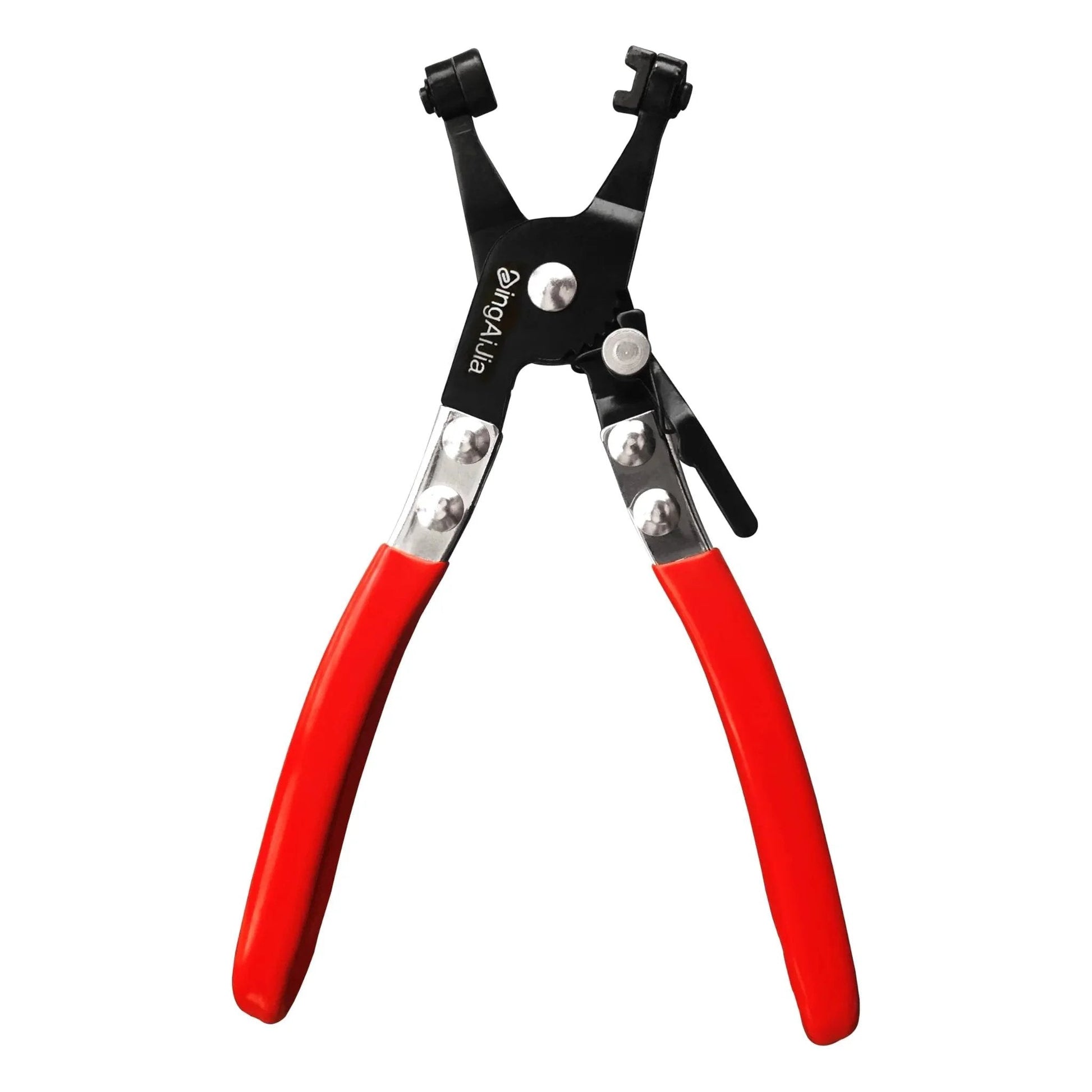 Professional Heavy Duty Hose Clamp Pliers Repair Tool With Swivel Head For Easy Removal And Installation Of Ring Type And Flat Band Hose Clamps High Carbon Steel Construction With Double Dipped Rubber Handles For Maximum Grip, front view