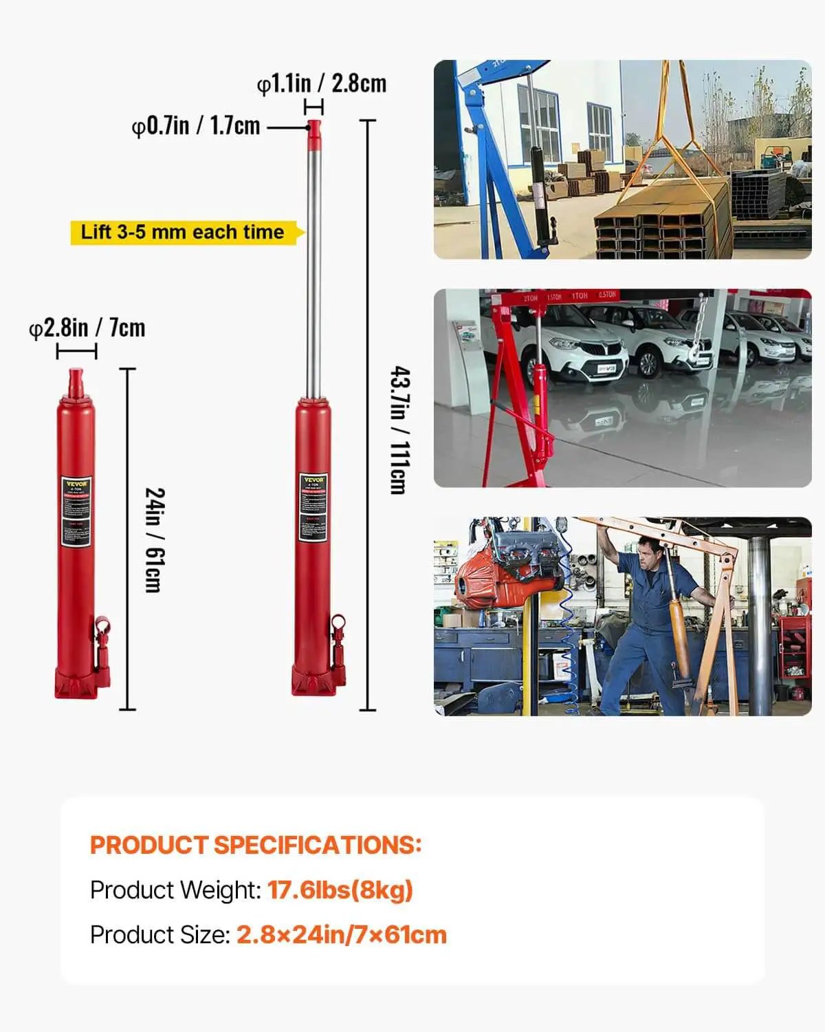 Heavy Duty 4 Ton Long Ram Hydraulic Jack With 8818 Lb Capacity For Engine Hoist And Garage Lifts, Manual Pump, Cherry Picker Ram, Flat Base, Handle Included, Red, shown with dimensions and usage examples.
