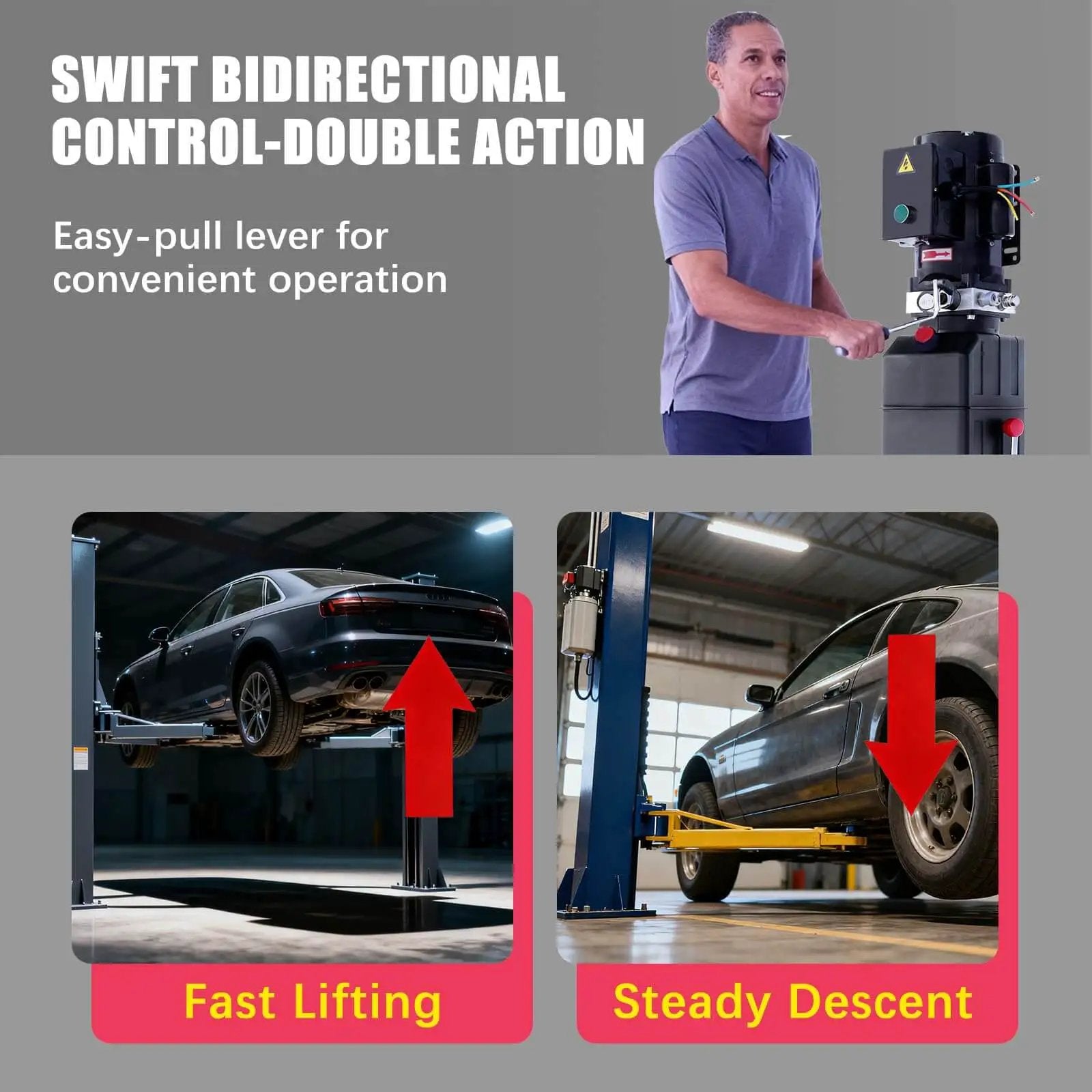 Swift bidirectional control with 220V 60Hz heavy duty hydraulic power unit in use for vehicle repair and auto lifts.