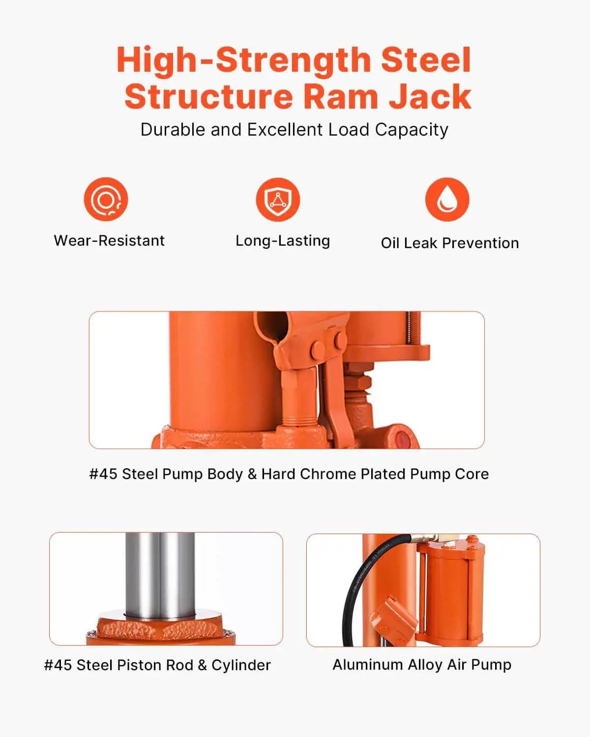 High-strength steel Heavy Duty 8 Ton Hydraulic Long Ram Jack For Engine Hoists With Air Pump And Clevis Base Cylinder VEVOR