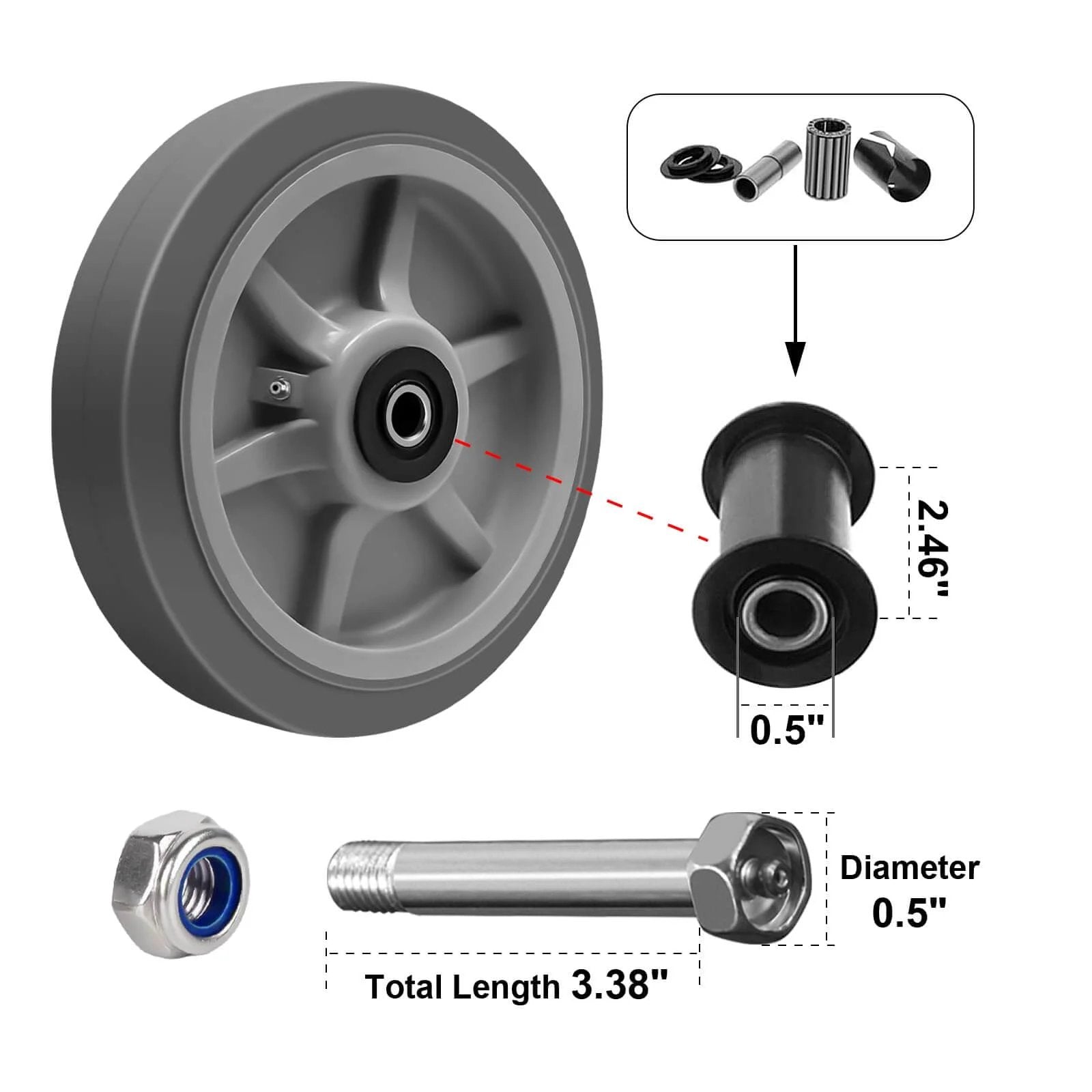 8 x 2 Inch Heavy Duty Industrial Caster Wheels with 1/2 Inch Bore Axle, showing axle components and dimensions