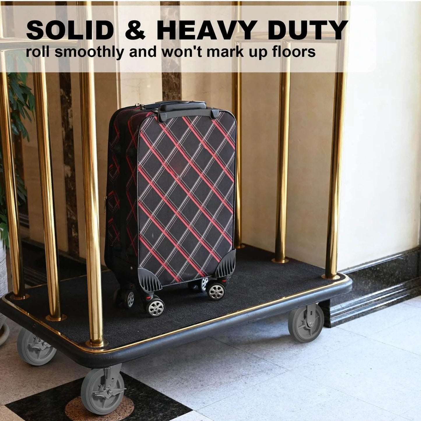 Luggage cart with 8 x 2 Inch Heavy Duty Industrial Caster Wheels with 1/2 Inch Bore Axle in a hotel lobby