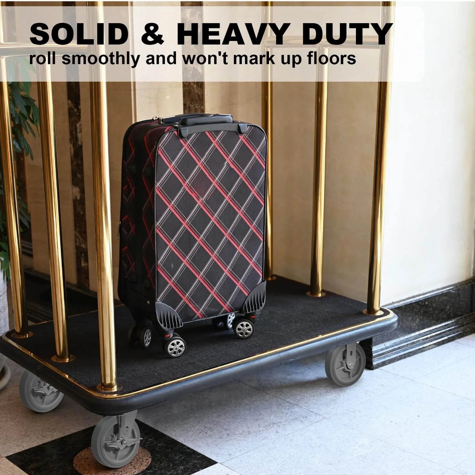 Luggage cart with 8 x 2 Inch Heavy Duty Industrial Caster Wheels with 1/2 Inch Bore Axle in a hotel lobby