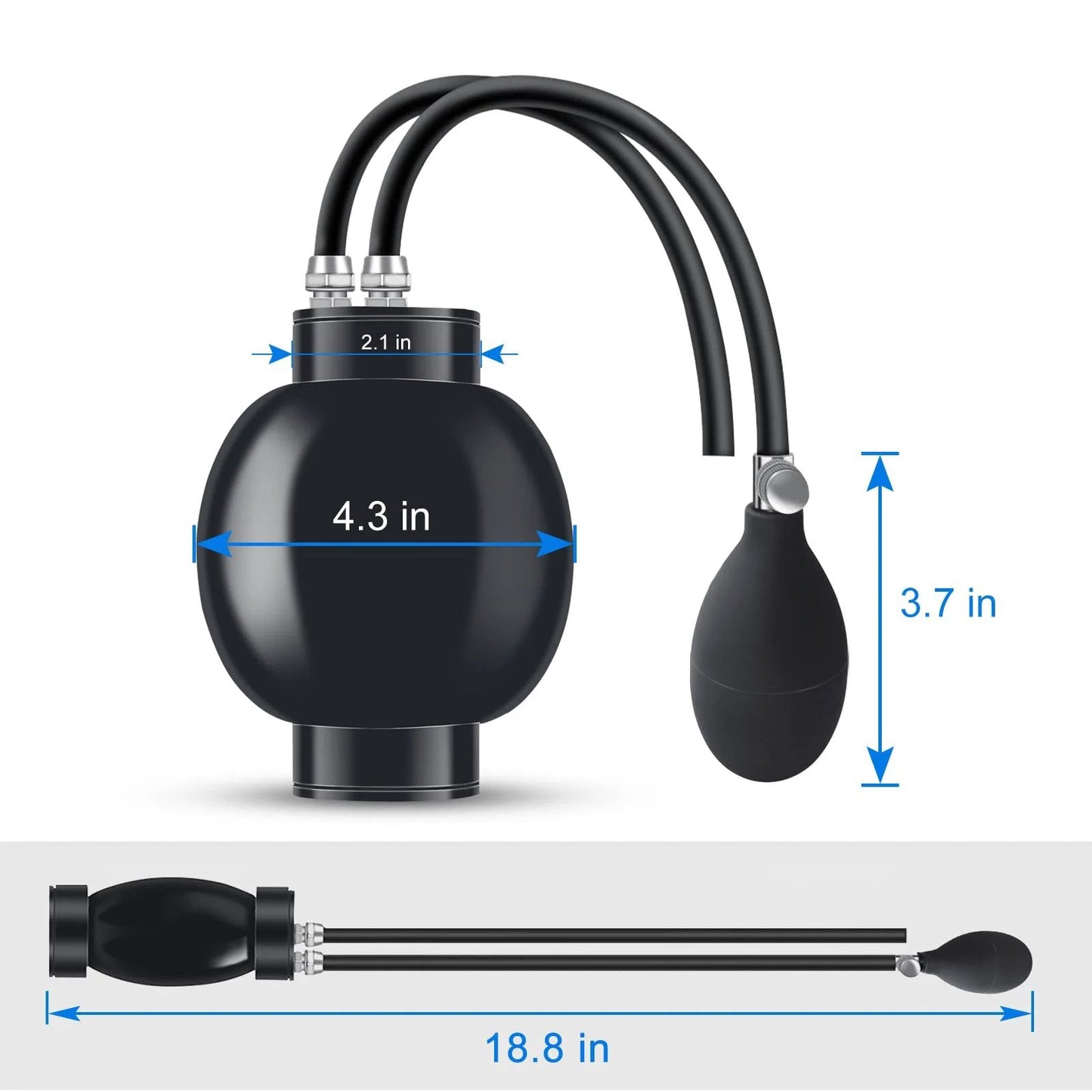 Universal Quick Intake Adapter With Heavy Duty Sealed Expandable Bladder For 12V Automotive Air Intake and Exhaust Leak Testing, showing dimensions and design.