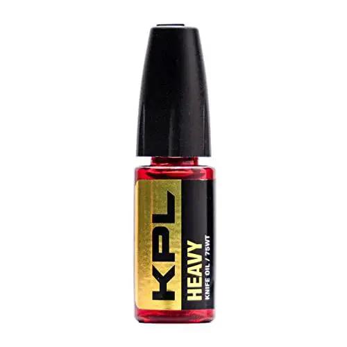 Heavy Duty Knife Pivot Lube And 75 Weight Synthetic Knife Oil For Blades And Pocket Knives Keeps Pivots Smooth And Clean Protects Against Dirt Grit And Lint In A Precision Oiler Bottle, shown in red bottle with black cap.