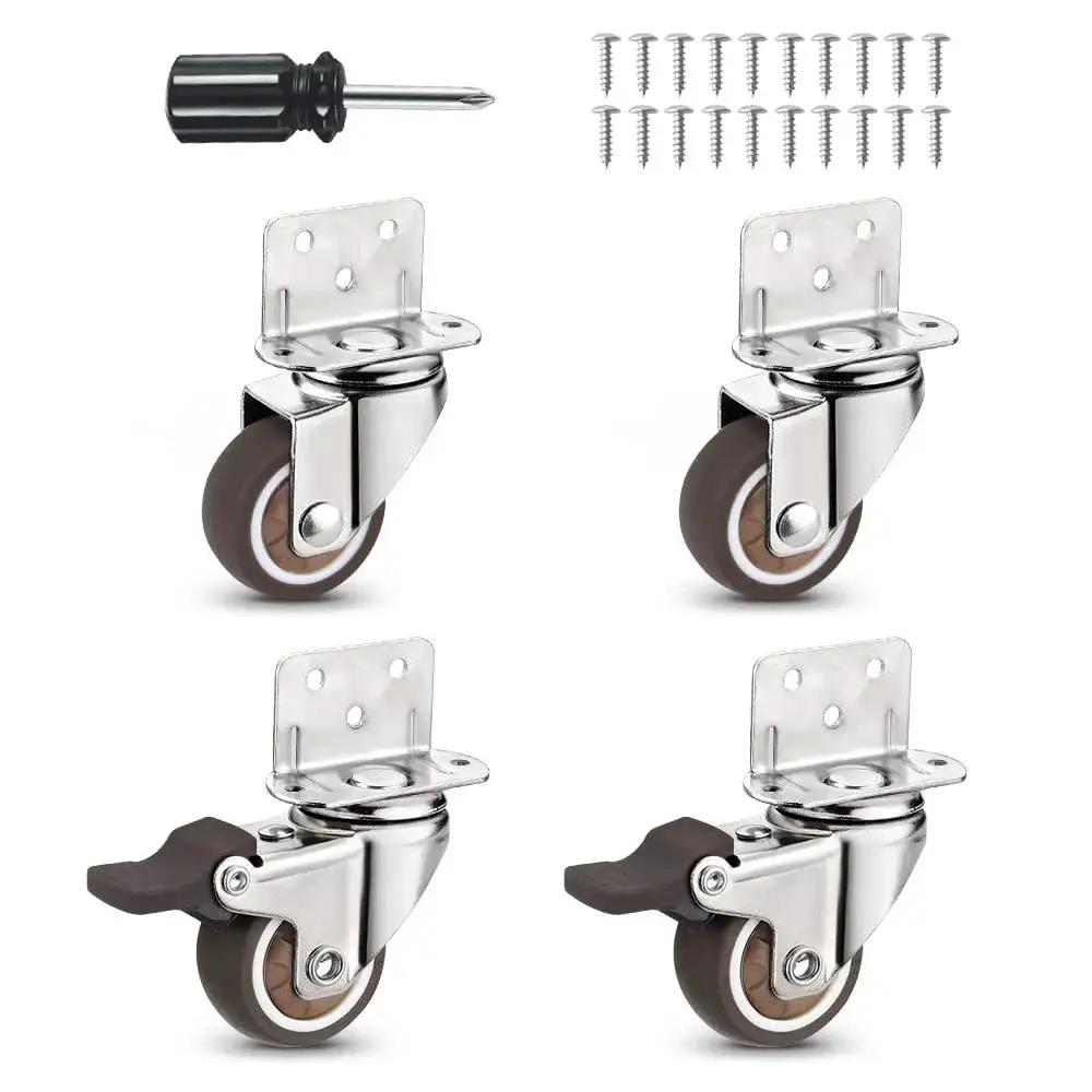 Heavy Duty Casters Set Of 4 With Brake For Baby Beds Carts And Cabinets 1 Inch L Shape Side Mount TPR Plate Wheels 80 Lb Load Capacity