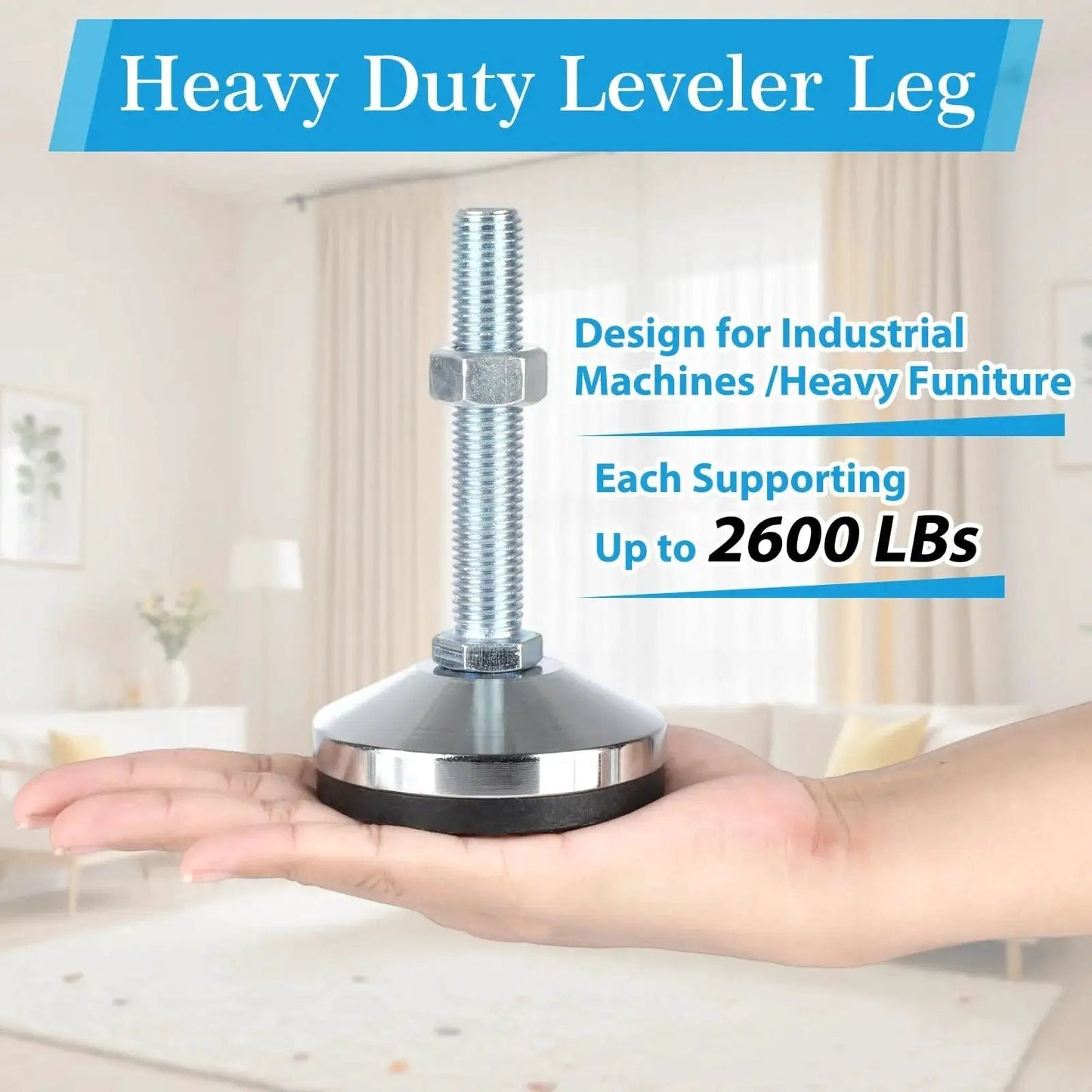 Four Piece Heavy Duty Leveling Feet Set With M16 Thread for workbenches, machines, cabinets, showcased hand-held, 60mm base.