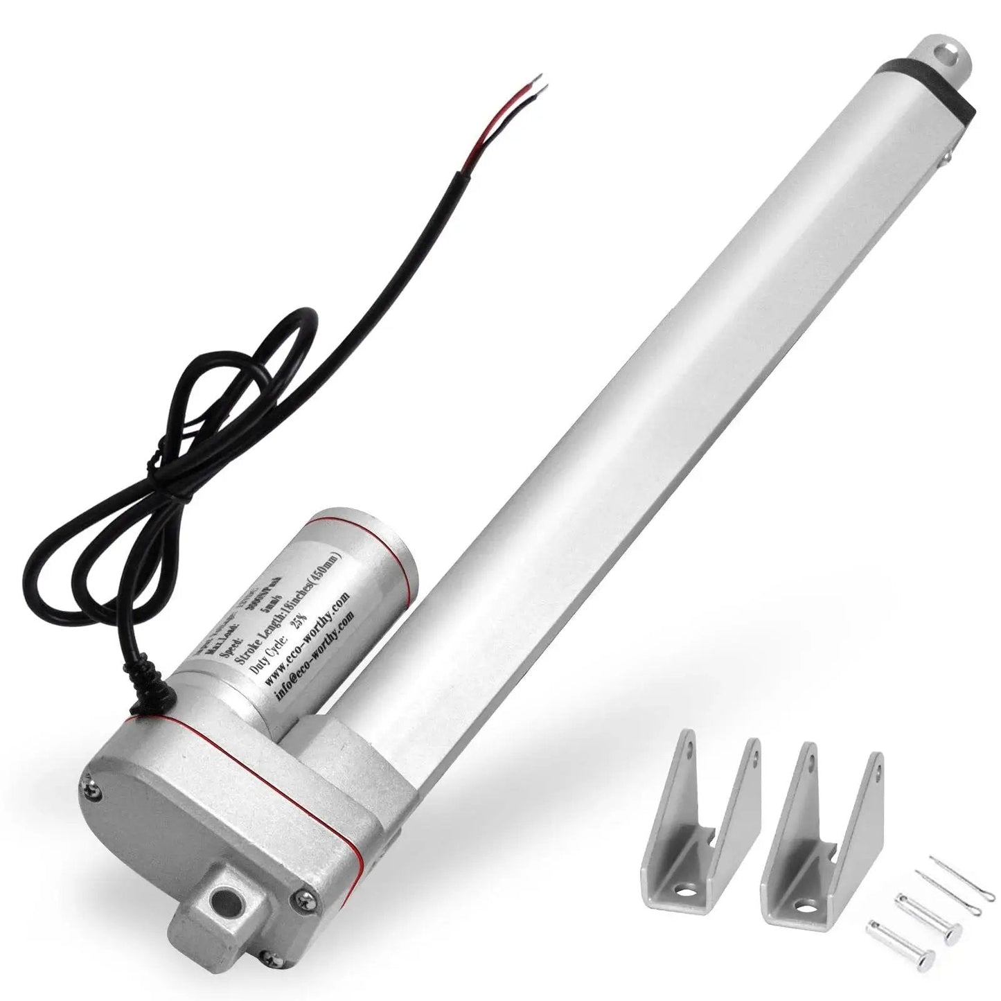 Heavy Duty 12 Inch Linear Actuator 3000N 675 Lbs 12V with beefy IP65 aluminum housing and mounting brackets shown with wires and brackets