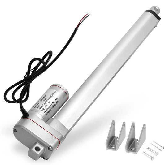Heavy Duty 12 Inch Linear Actuator 3000N 675 Lbs 12V with beefy IP65 aluminum housing and mounting brackets shown with wires and brackets