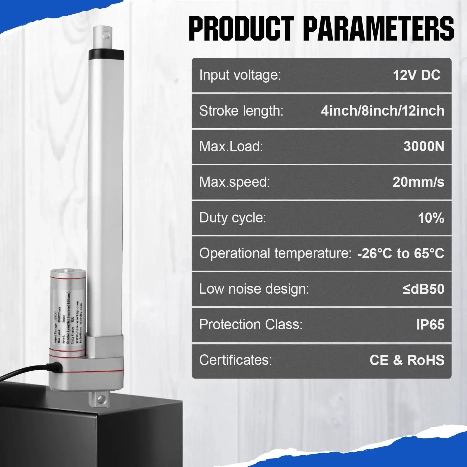 Heavy Duty 12 Inch Linear Actuator 3000N 12V IP65 aluminum housing with specifications, shown on display in a vertical position