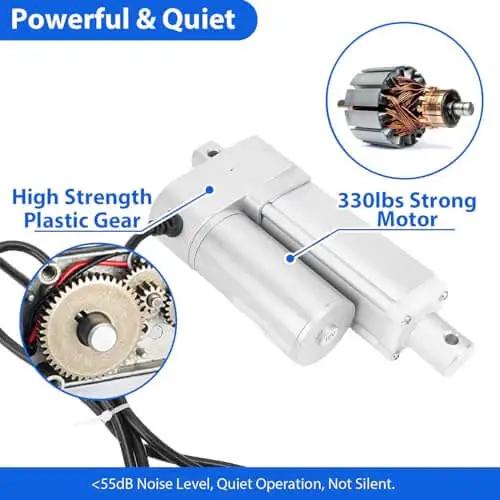 Built Tough Heavy Duty 12V 50mm Stroke Linear Actuator 1500N 330lb IP54 Electric Motion Actuator motor and gear close-up