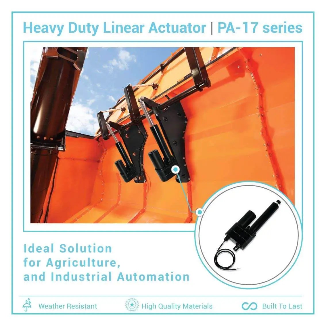 Beefy 24V Linear Actuator With 24 Inch Stroke And 2000 Lbs Push, IP65 Protected installed on agricultural machinery
