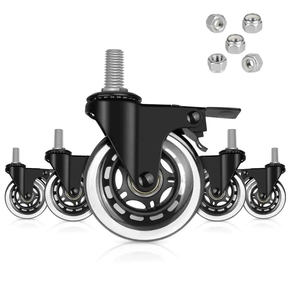 Brake Caster With Three Eighths Inch 16UNC Threaded Stem, Heavy Duty 3 Inch Lockable Bearing Caster With Lock Nuts, Set Of 5