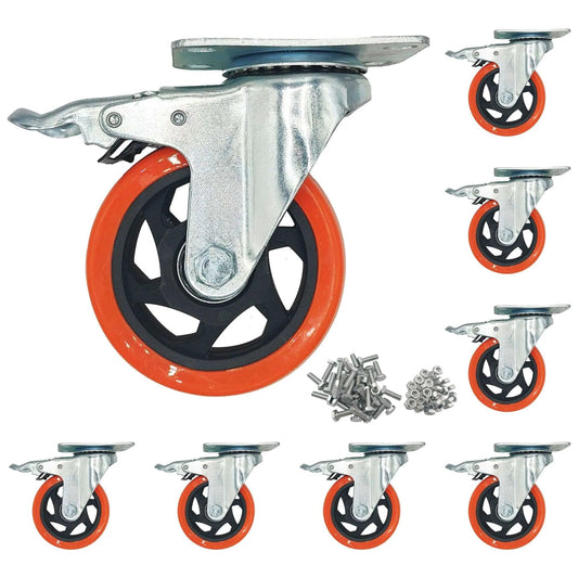 8 piece 4 inch heavy duty locking swivel casters with brake, designed for furniture and carts with a 2200 lb load capacity, close-up view.