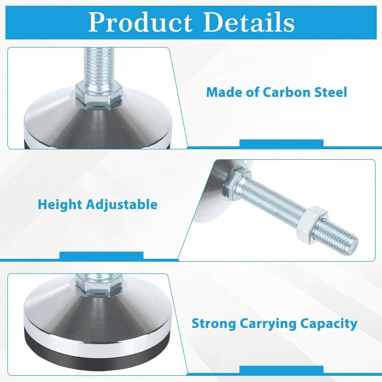 Close-up of the Four Piece Heavy Duty Leveling Feet Set With M16 Thread, highlighting carbon steel construction and adjustable height.