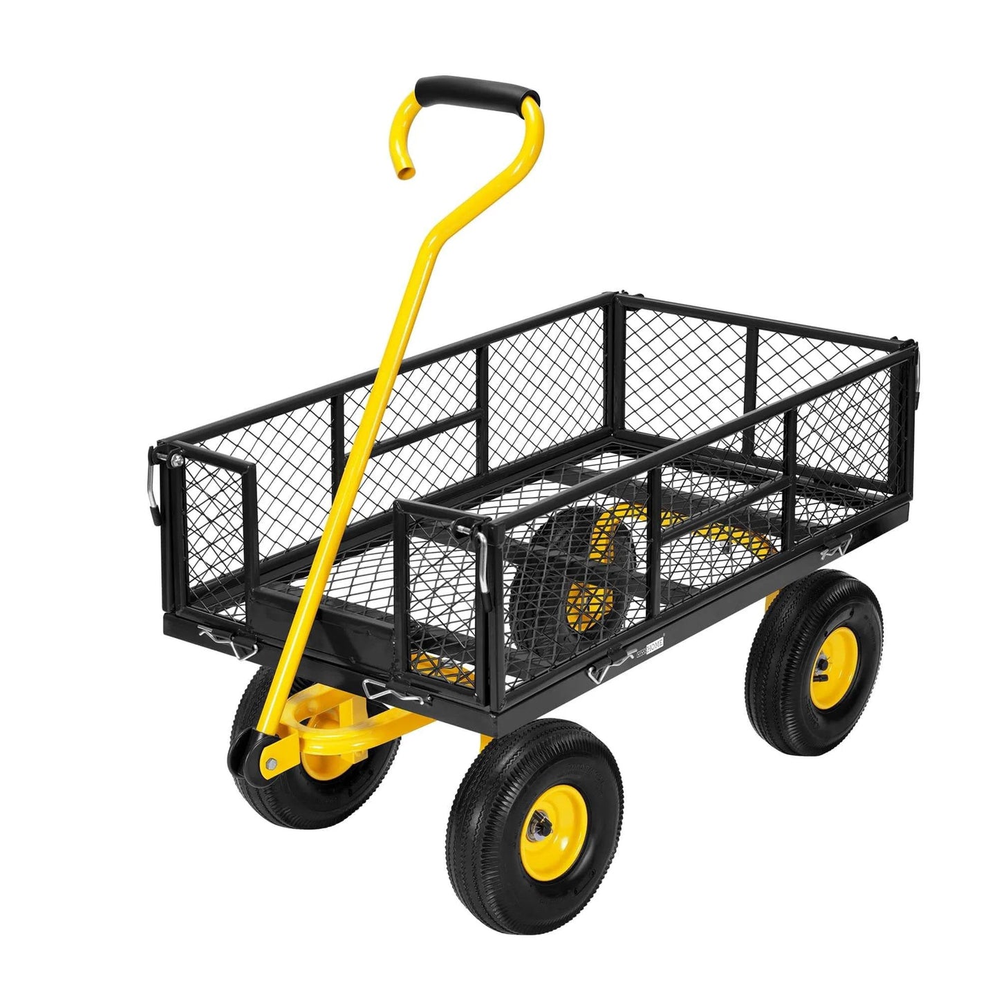Heavy Duty Mesh Steel Garden Cart with 880 lb capacity folding utility wagon, side view with removable mesh sides and 10 inch tires.