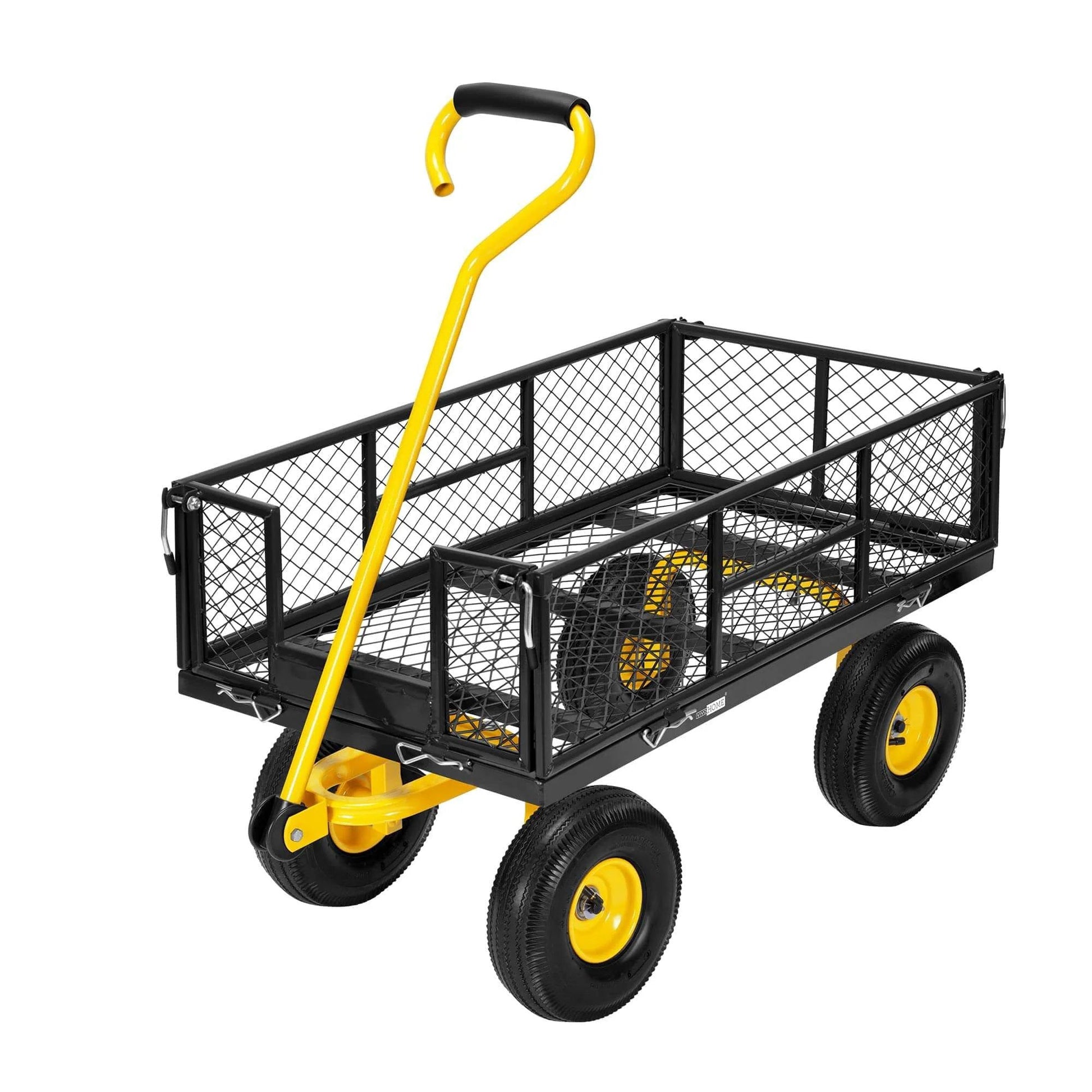 Heavy Duty Mesh Steel Garden Cart with 880 lb capacity folding utility wagon, side view with removable mesh sides and 10 inch tires.