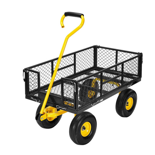 Heavy Duty Mesh Steel Garden Cart with 880 lb capacity folding utility wagon, side view with removable mesh sides and 10 inch tires.