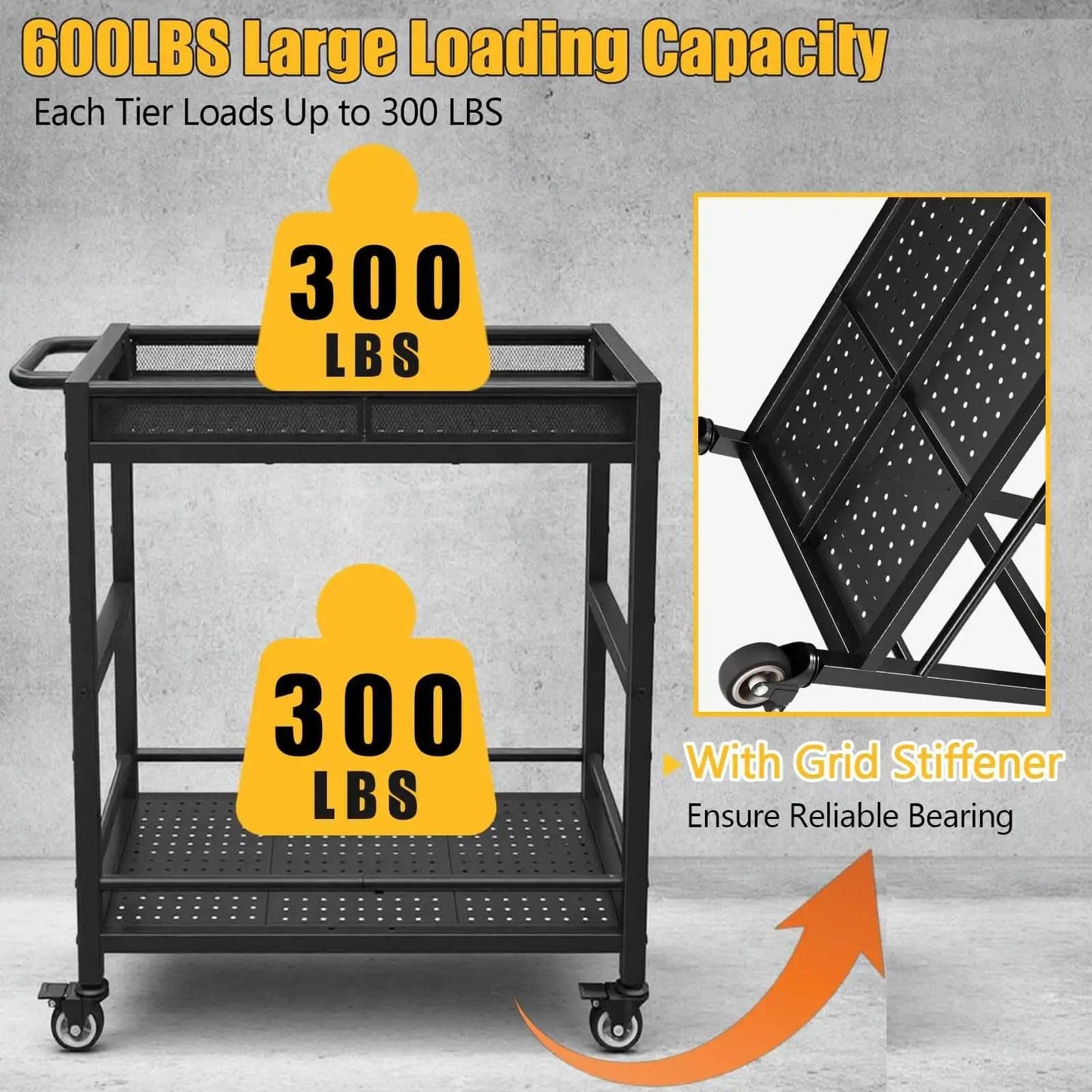 Heavy Duty Service Cart On Wheels With 2-Tier Metal Rolling Utility Cart Fences For Garage Garden Warehouse Tool