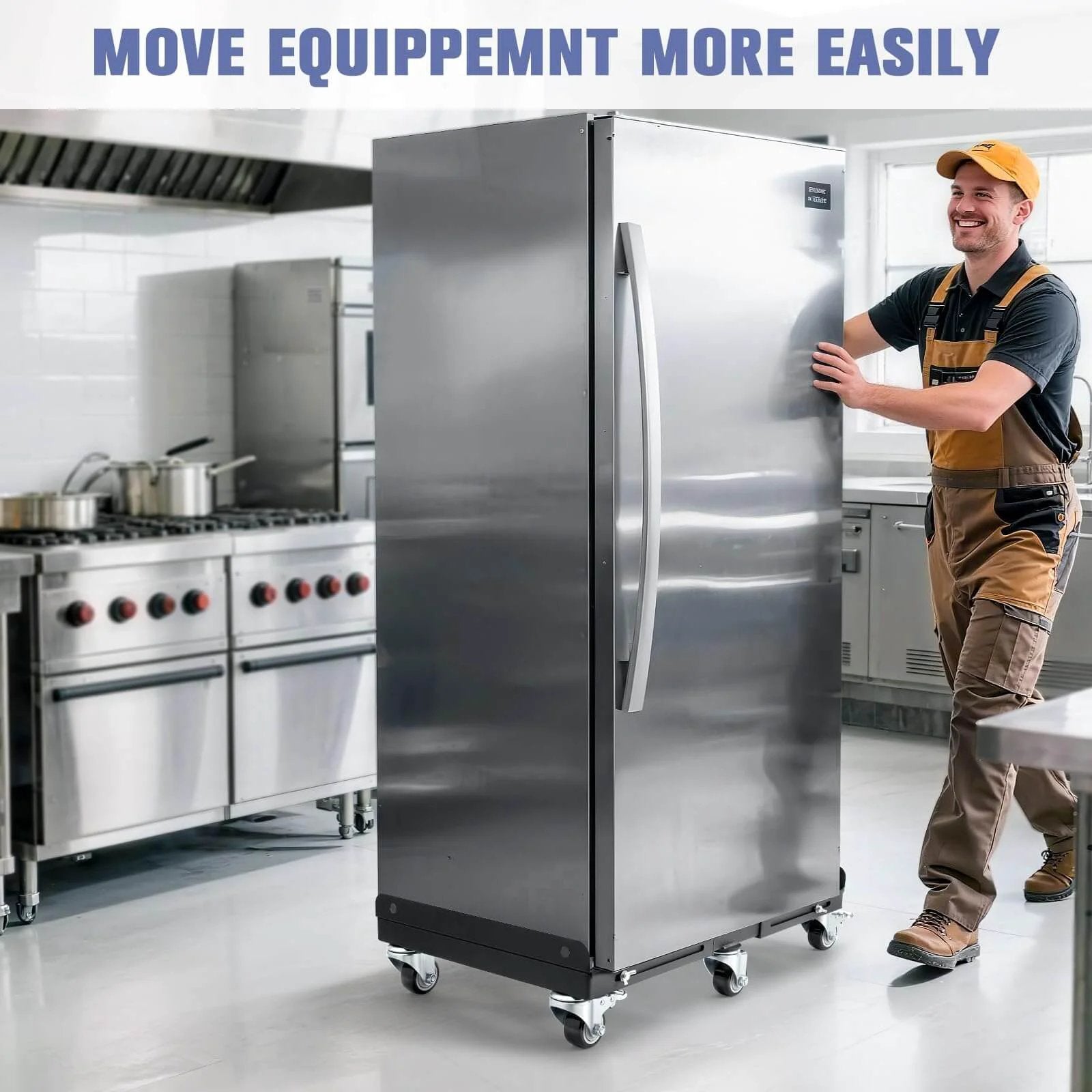 Worker using 2000LBS Heavy Duty Moving Dolly with 6 Swivel Wheels in kitchen, furniture dolly with 100% thicken steel frame