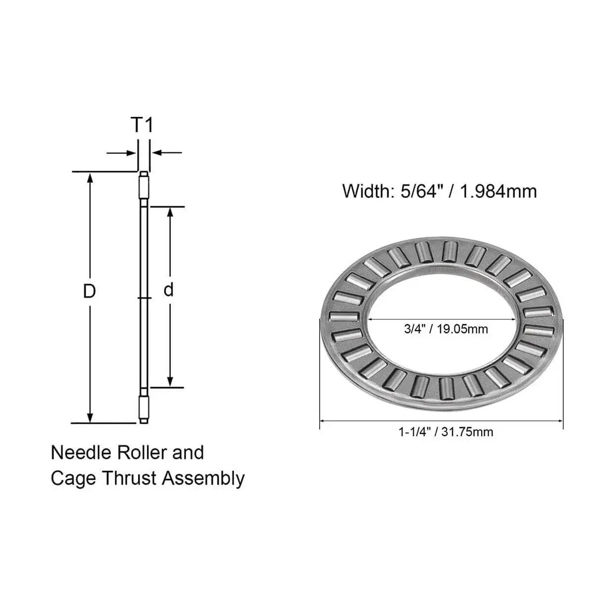 Heavy Duty Thrust Needle Roller Bearing Set NTA1220 2TRA with two washers, showing dimensions, 19.05mm bore, 31.75mm OD