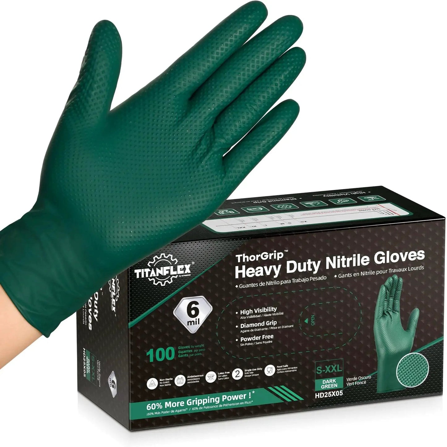 Heavy Duty Nitrile Gloves 6 Mil Dark Green Diamond Texture Mechanic Latex Free with box showing features
