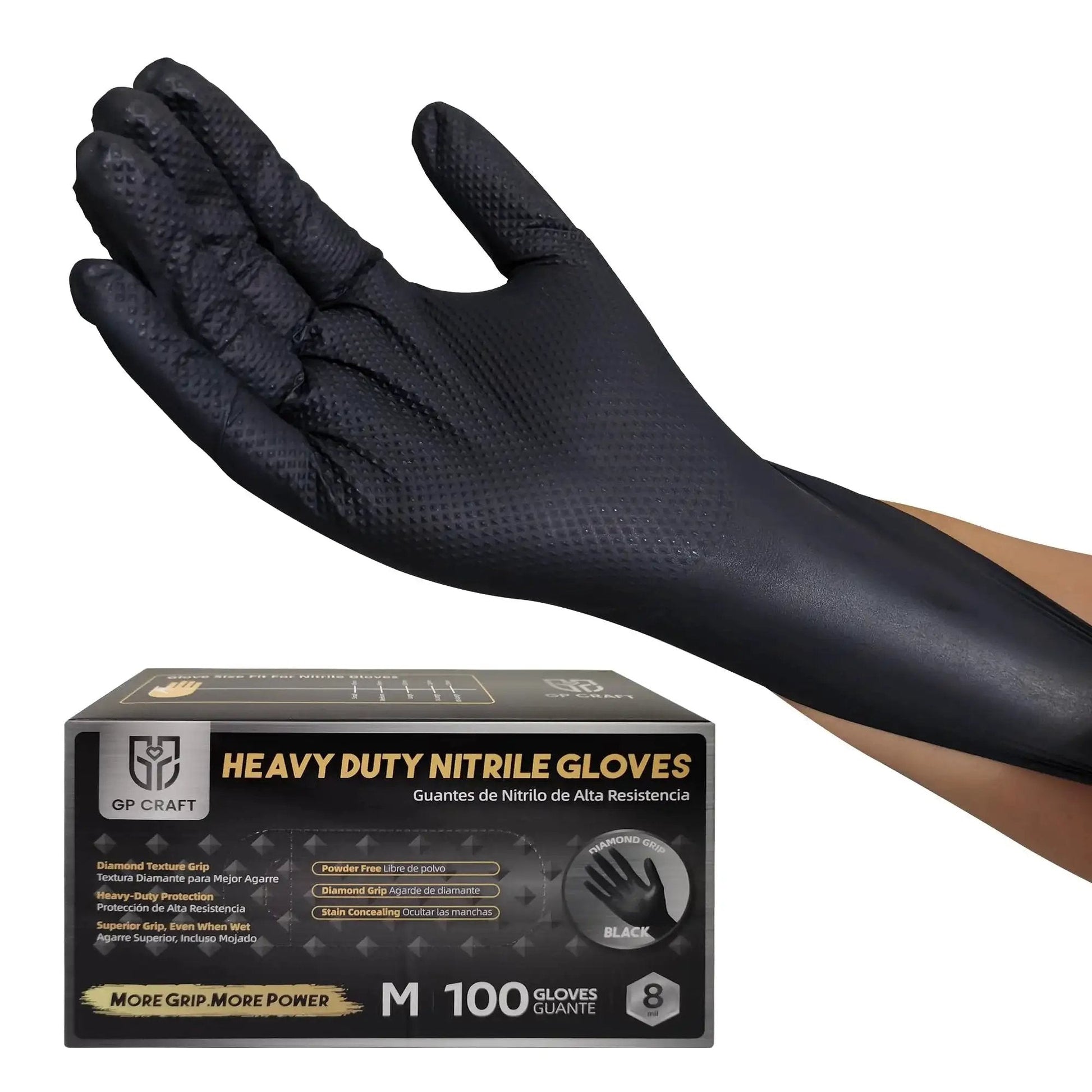 Heavy Duty Diamond Grip Nitrile Gloves 8 Mil Puncture and Chemical Resistant 100, medium size, with box packaging