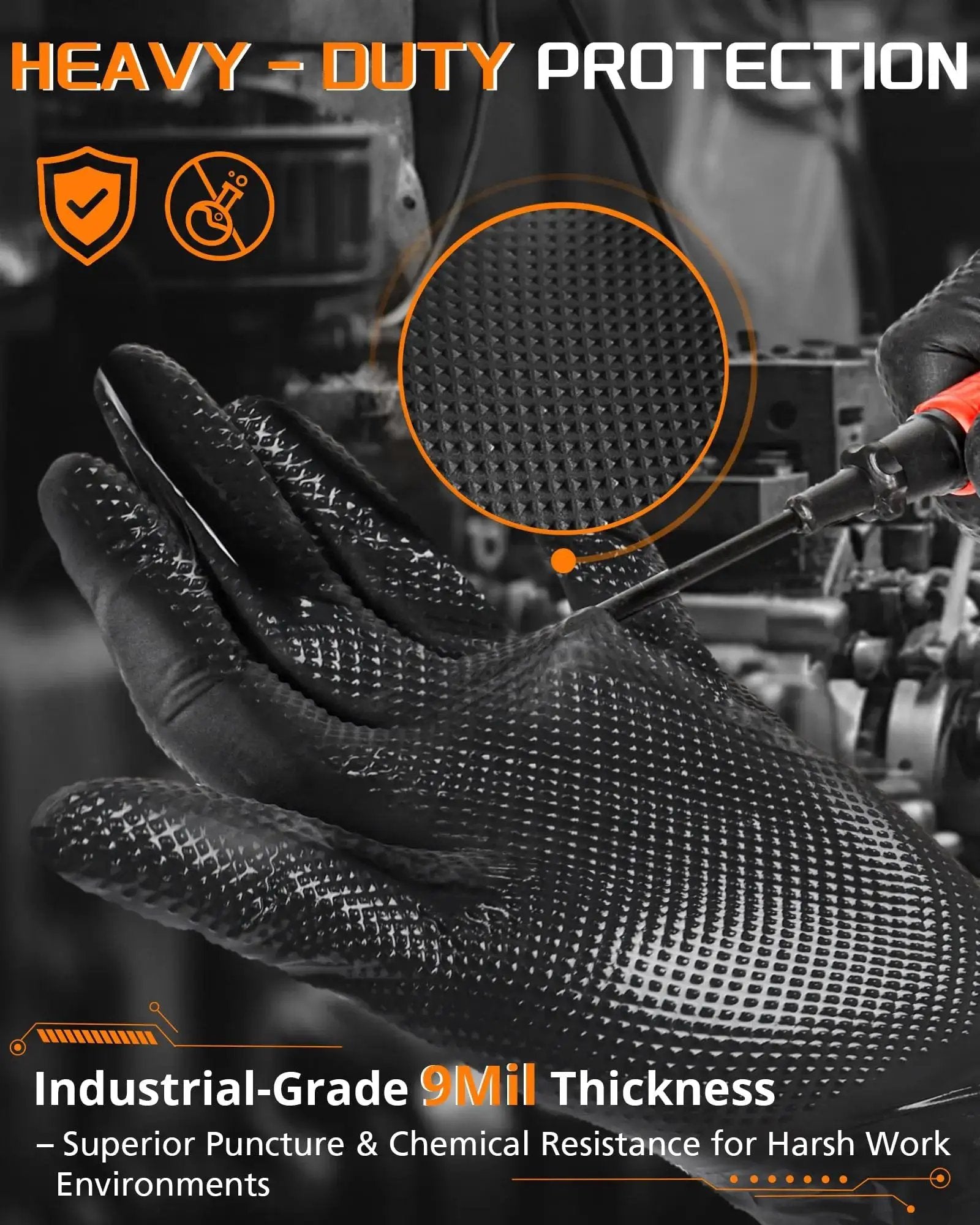 Heavy Duty Nitrile Gloves 9 Mil Diamond Texture Black Large Pack 800 Pcs with industrial-grade grip and puncture resistance