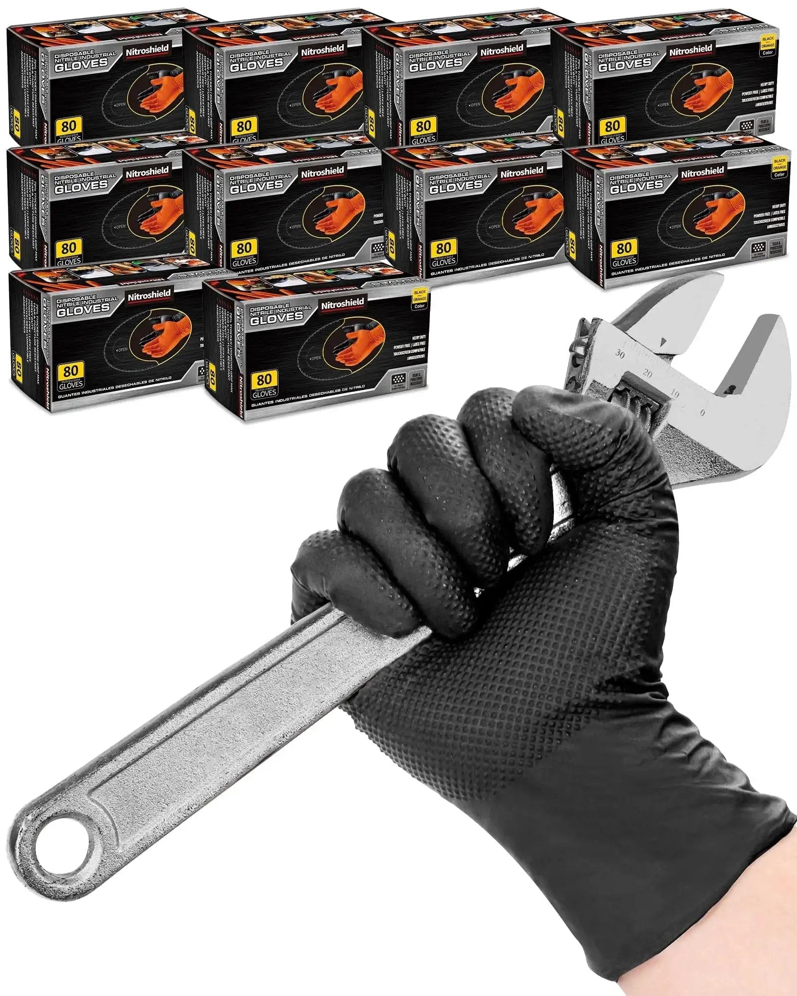 Heavy Duty Nitrile Gloves 9 Mil Diamond Texture Black Large Pack 800 Pcs gripping a wrench