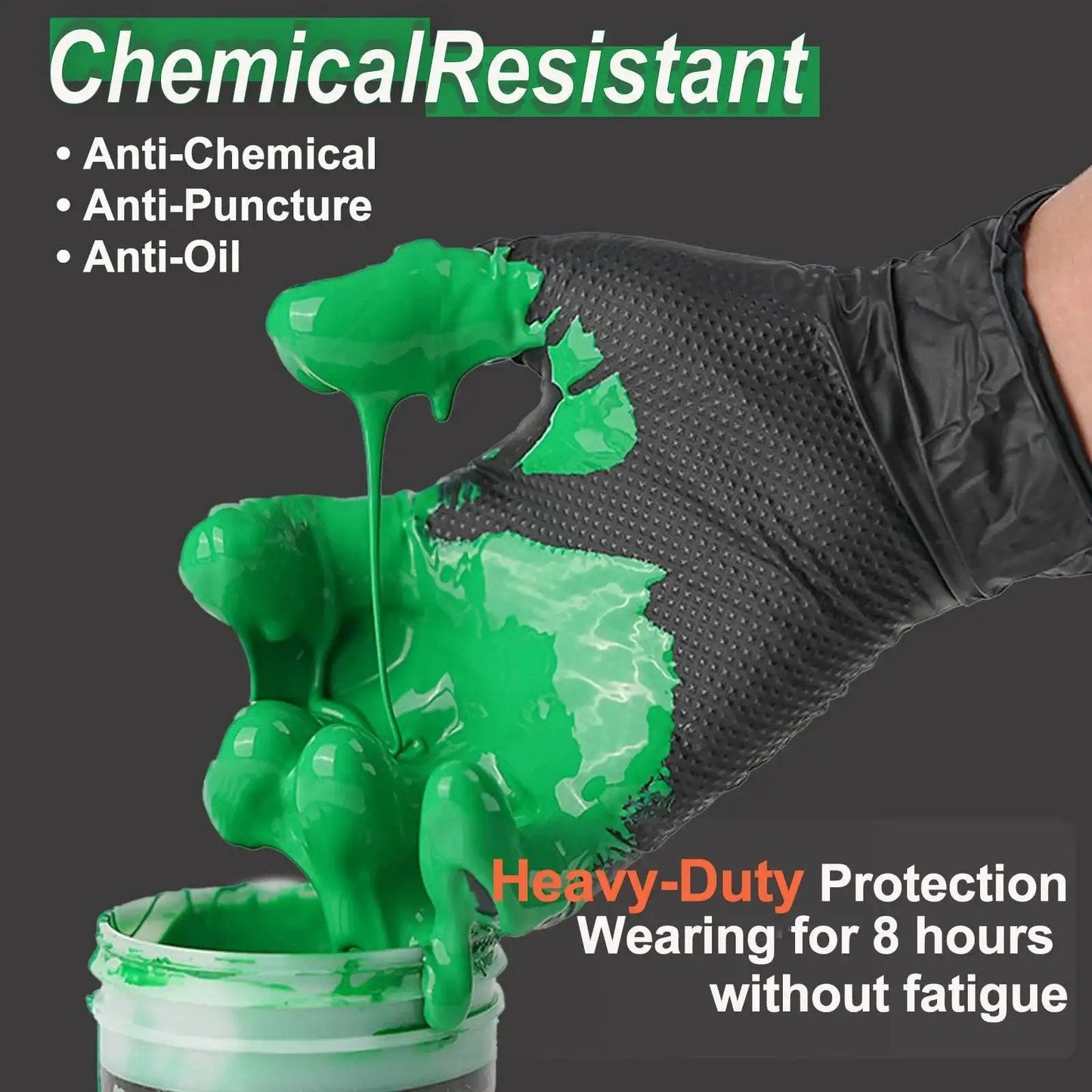 Heavy Duty Nitrile Gloves 10 Mil Black With Diamond Grip Chemical Resistant handling green liquid