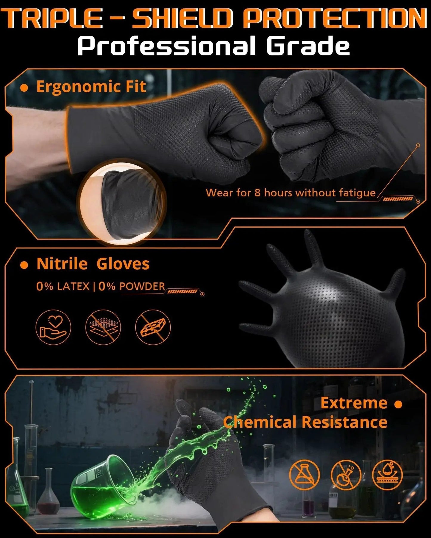 Heavy Duty Nitrile Gloves 9 Mil Diamond Texture Black Large Pack 800 Pcs showcasing ergonomic fit and chemical resistance